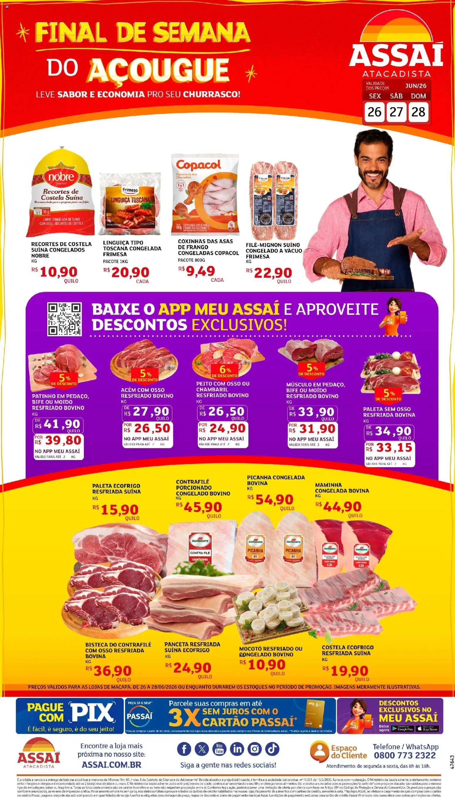 Assaí Atacadista Folheto - válido de 26/06/2026 | Página: 1 | Produtos: Acém, Filé mignon, Base, Bebida