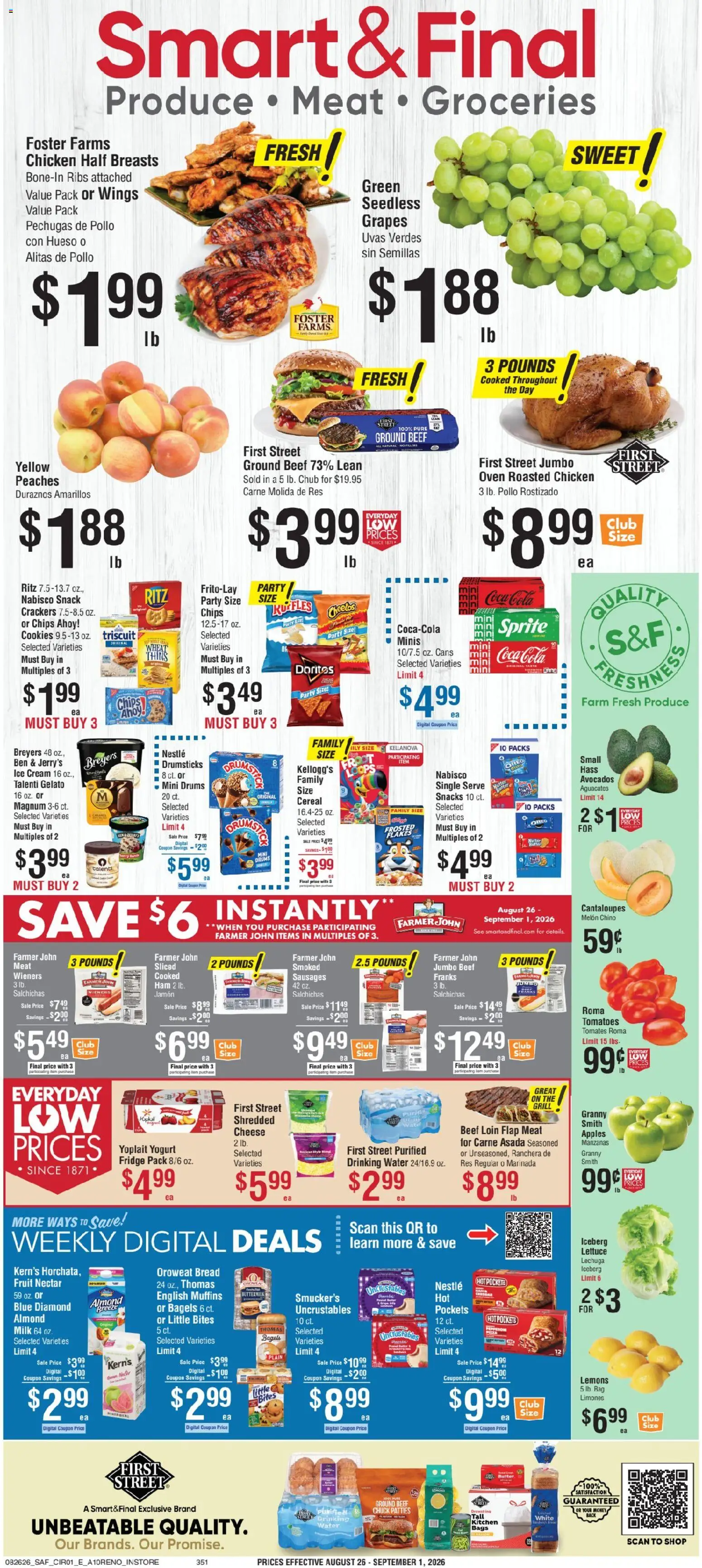 Smart & Final Weekly Ad - valid from 08/26/2026 | Page: 1 | Products: Beef, Fruit, Drumsticks, Ground beef