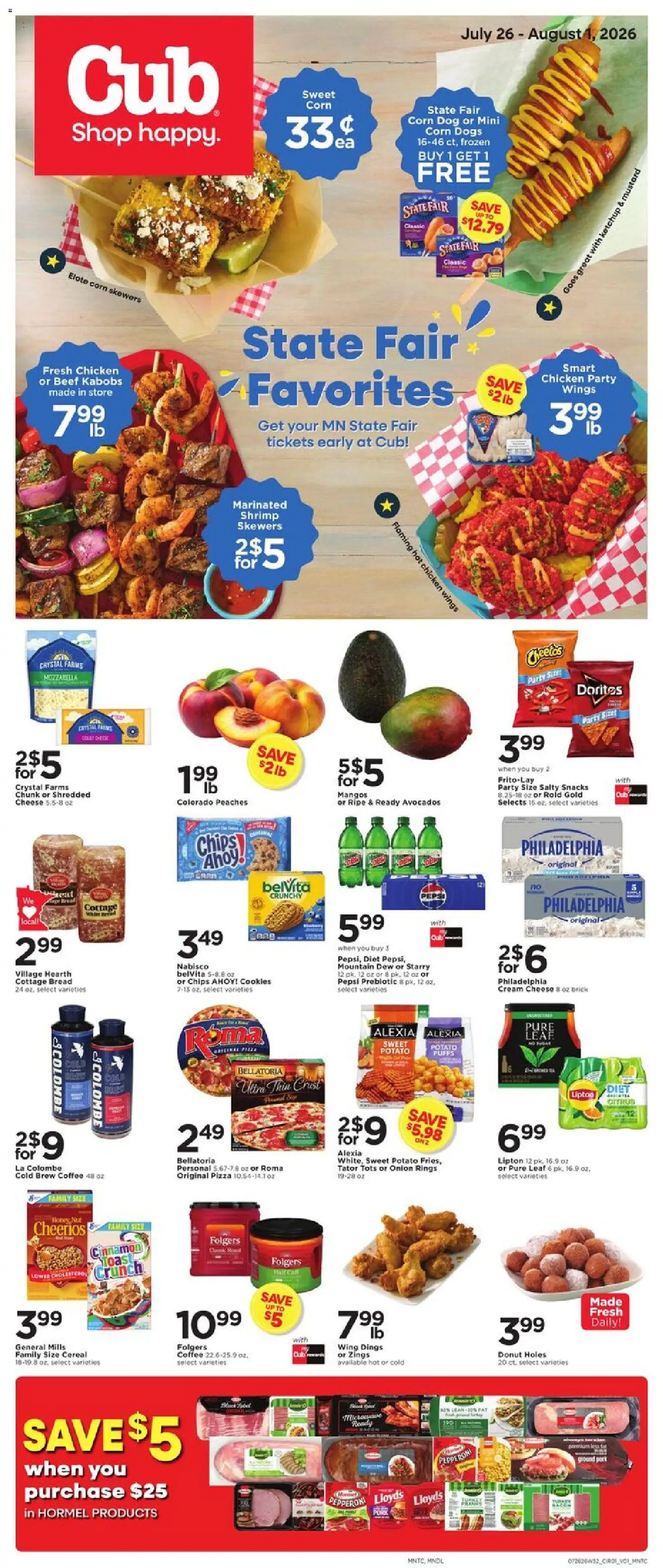 Cub Foods Weekly Ad - valid from 07/26/2026 | Page: 1 | Products: Corn, Pork, Beef, Chips
