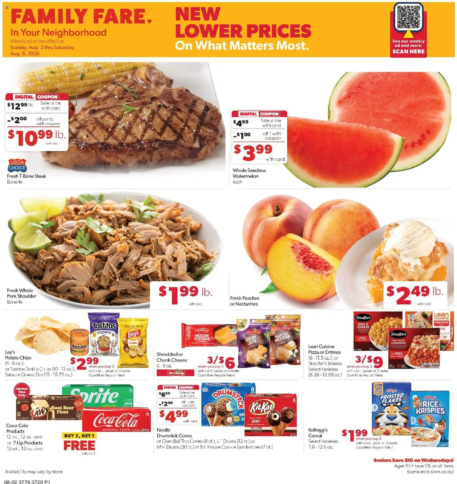 Family Fare Weekly Ad - NE - valid from 08/02/2026 | Page: 1 | Products: Nectarines, Pizza, Lasagna, Watermelon