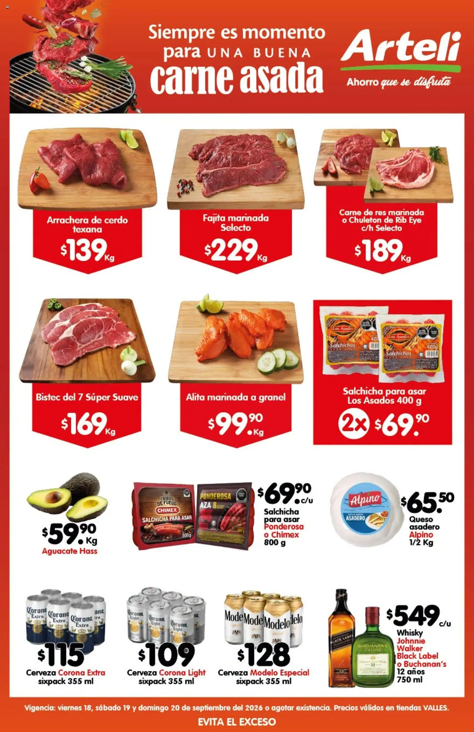 Nuevas ofertas de Arteli válidas en toda la República Mexicana desde el 18/09/2026. ¡Encuentra las mejores ofertas en Arteli folleto Carne Valles! | Página: 1 | Productos: Aguacate, Corona Extra, Salchichas, Whisky
