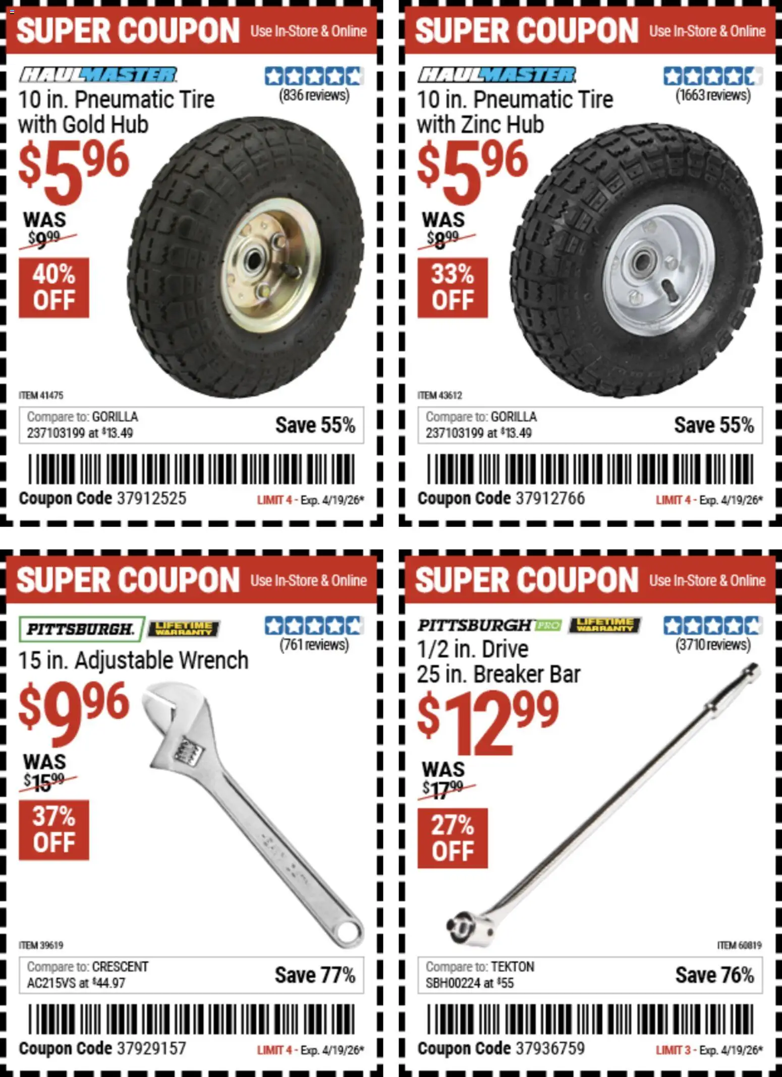 Harbor Freight Spring Black Friday - valid from 14.04.2026 | Page: 27 | Products: Zinc, Wrench, Tire, Hub