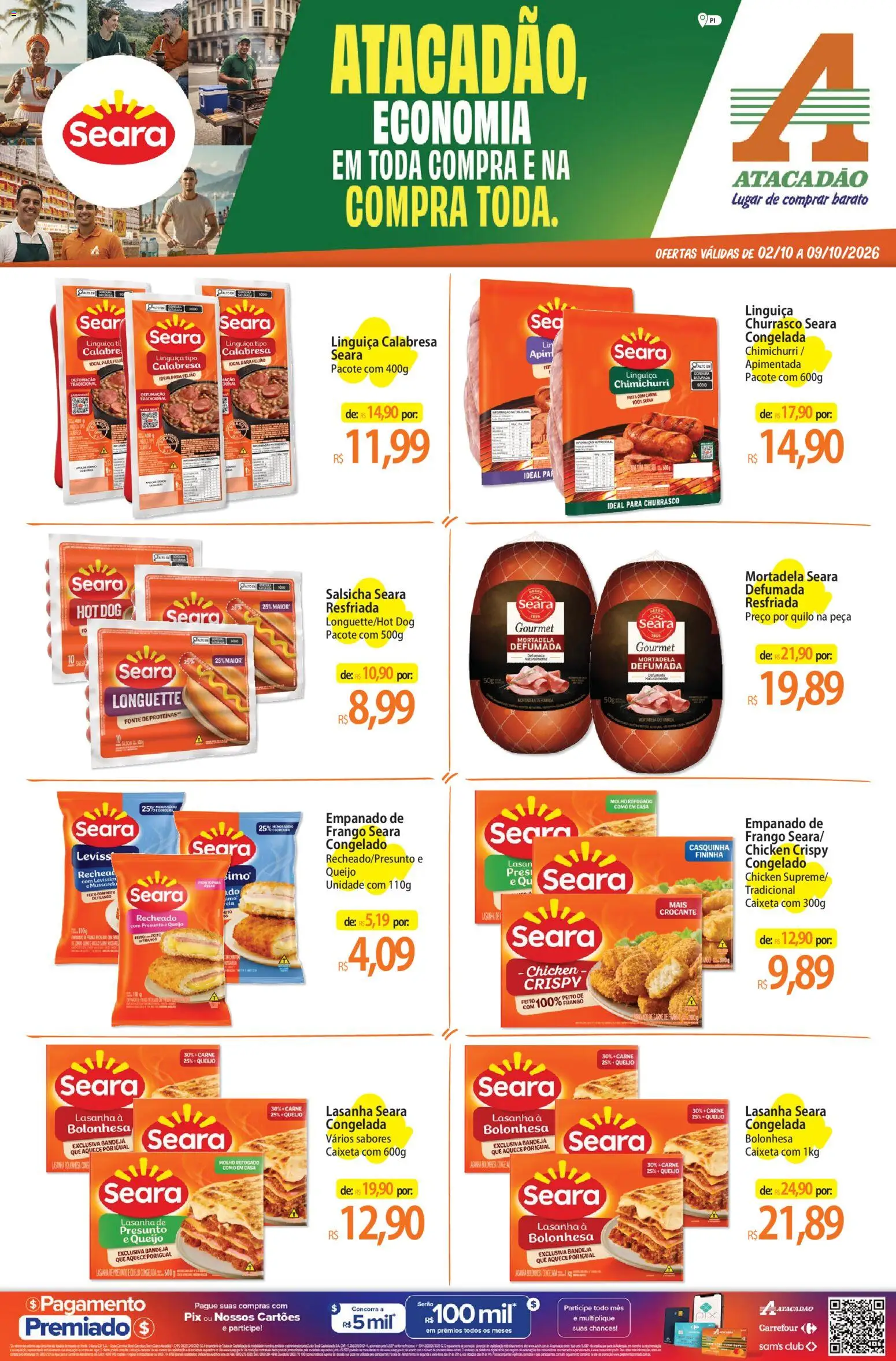 Atacadão Folheto - válido de 02/10/2026 | Página: 1 | Produtos: Linguiça, Queijo, Carne, Mussarela