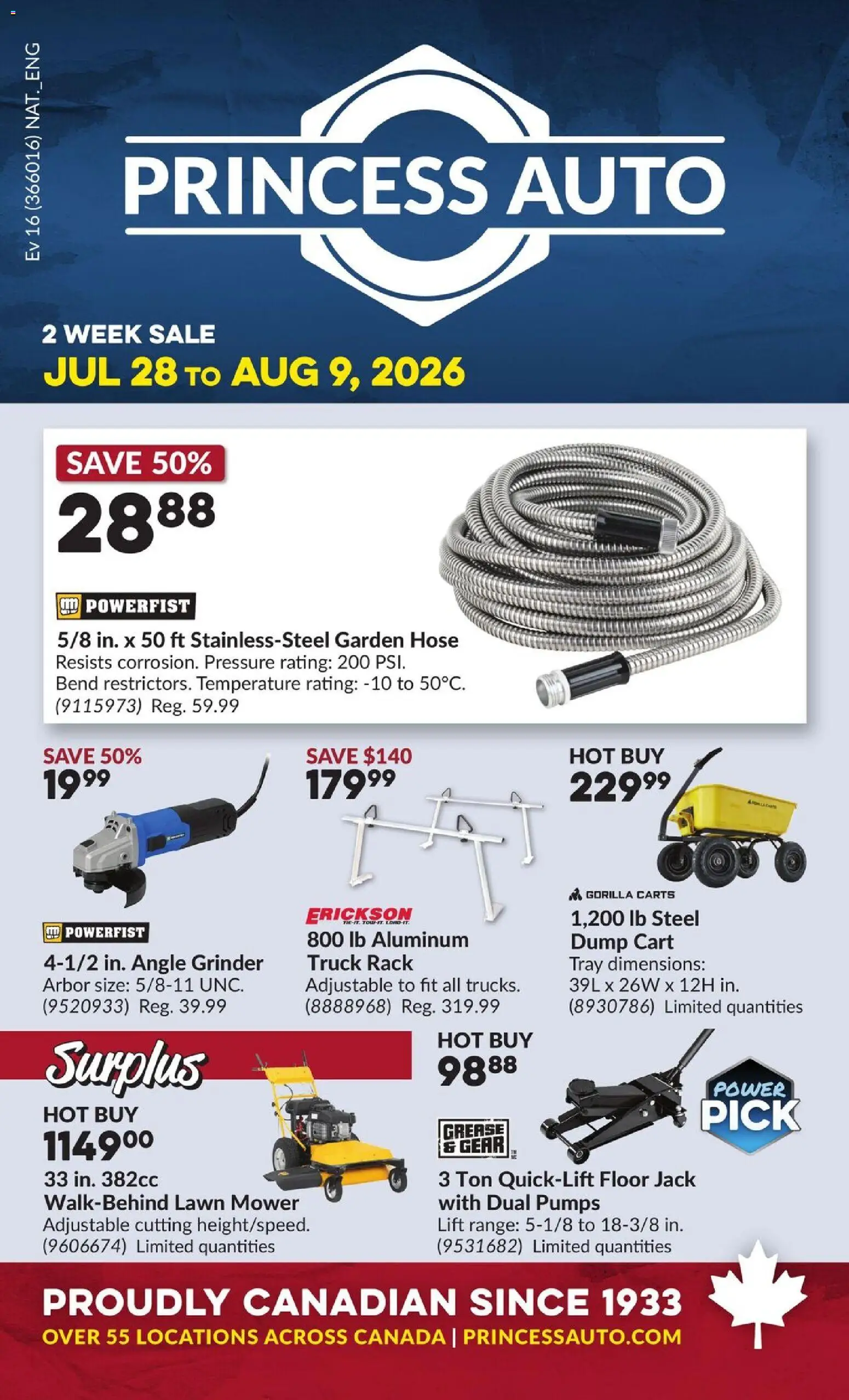 Princess Auto flyer valid from Jul 28, 2026 | Page: 1 | Products: Grinder, Mower