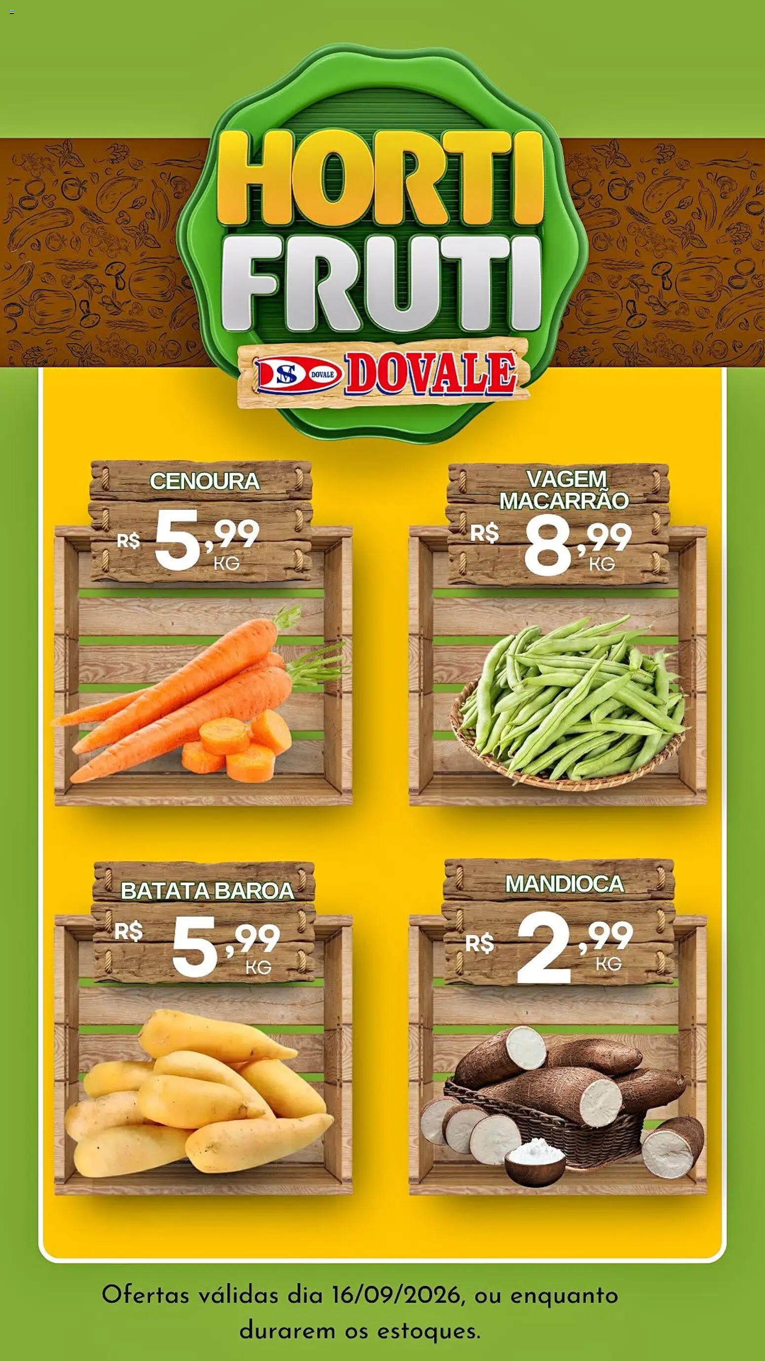 Dovale Folheto - válido de 16/09/2026 | Página: 2 | Produtos: Mandioca, Vagem, Macarrão, Cenoura