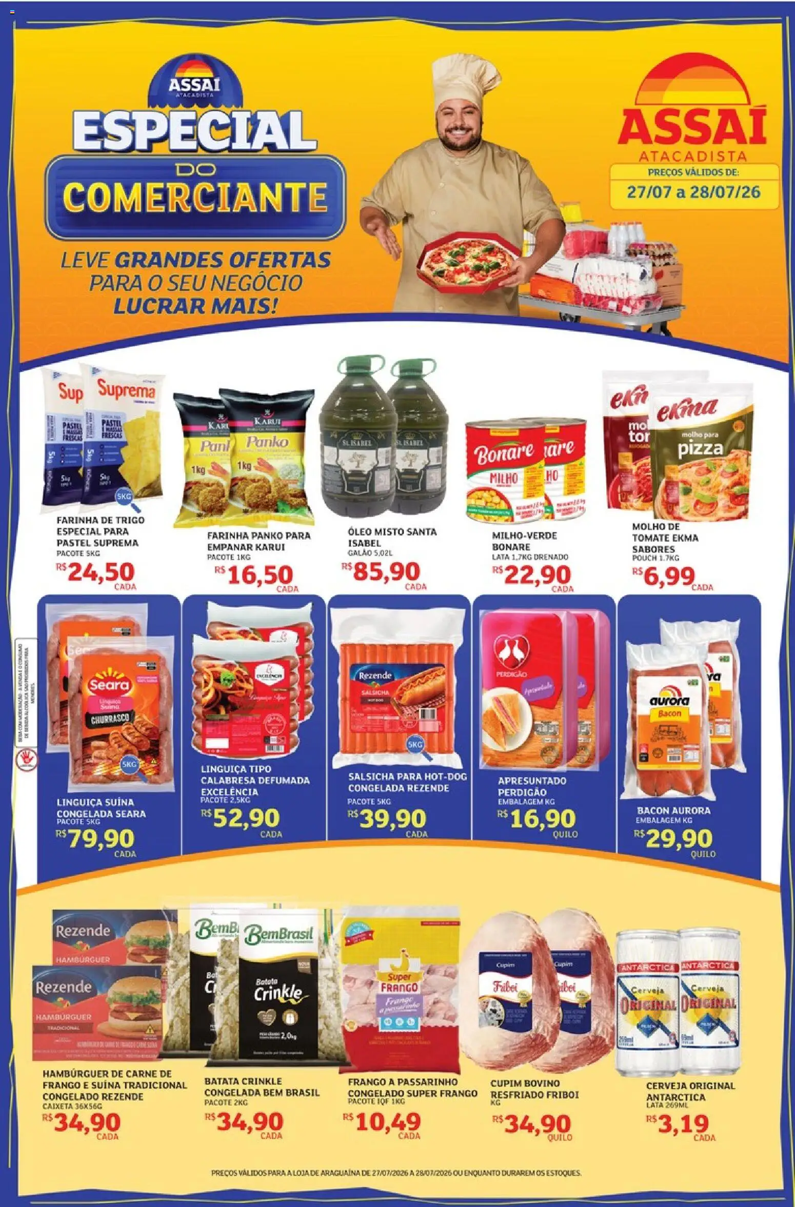 Assaí Atacadista Folheto - válido de 27/07/2026 | Página: 1 | Produtos: Farinha de trigo, Linguiça, Pizza, Batata