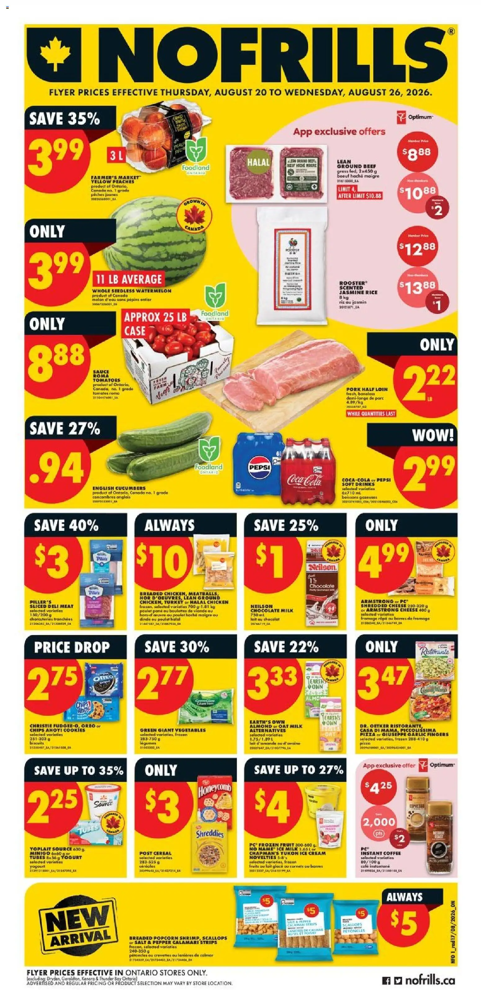 No Frills flyer valid from Aug 20, 2026 | Page: 1 | Products: Strips, Garlic, Ground beef, Cheese