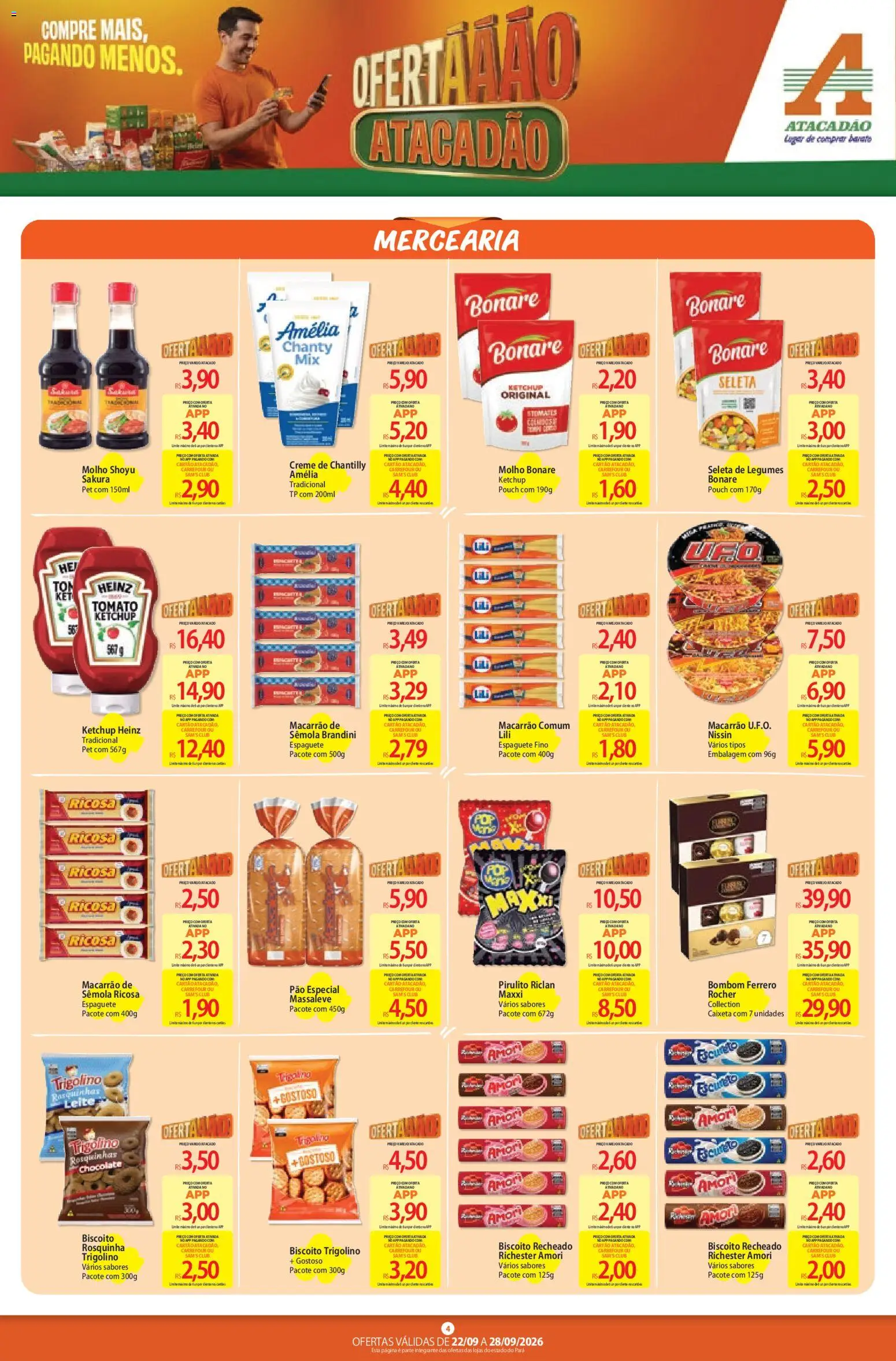 Atacadão Folheto - válido de 22/09/2026 | Página: 4 | Produtos: Pão, Chocolate, Macarrão, Creme