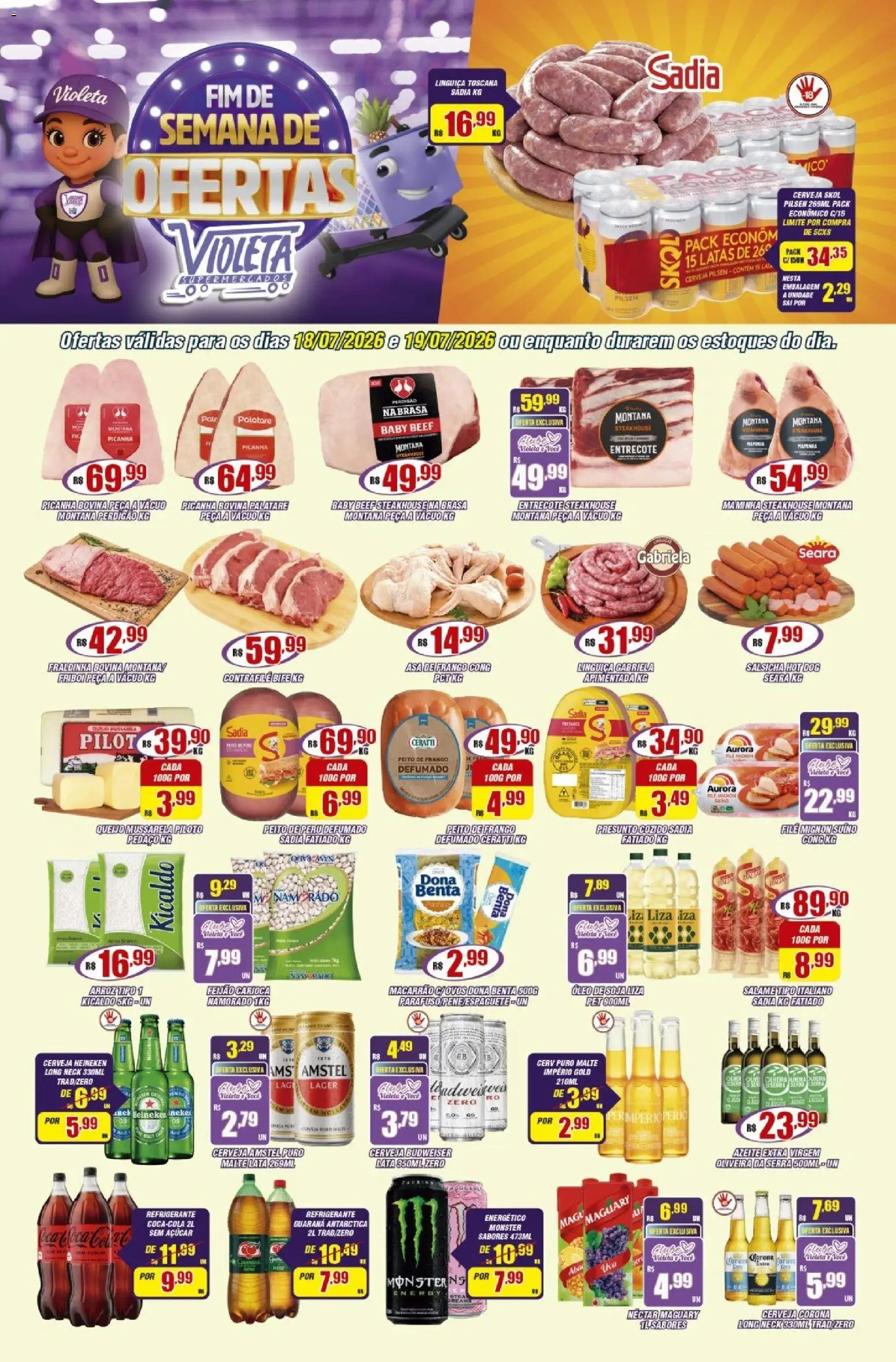 Violeta Supermercados Folheto - válido de 18/07/2026 | Página: 1 | Produtos: Linguiça, Cera, Monster, Azeite