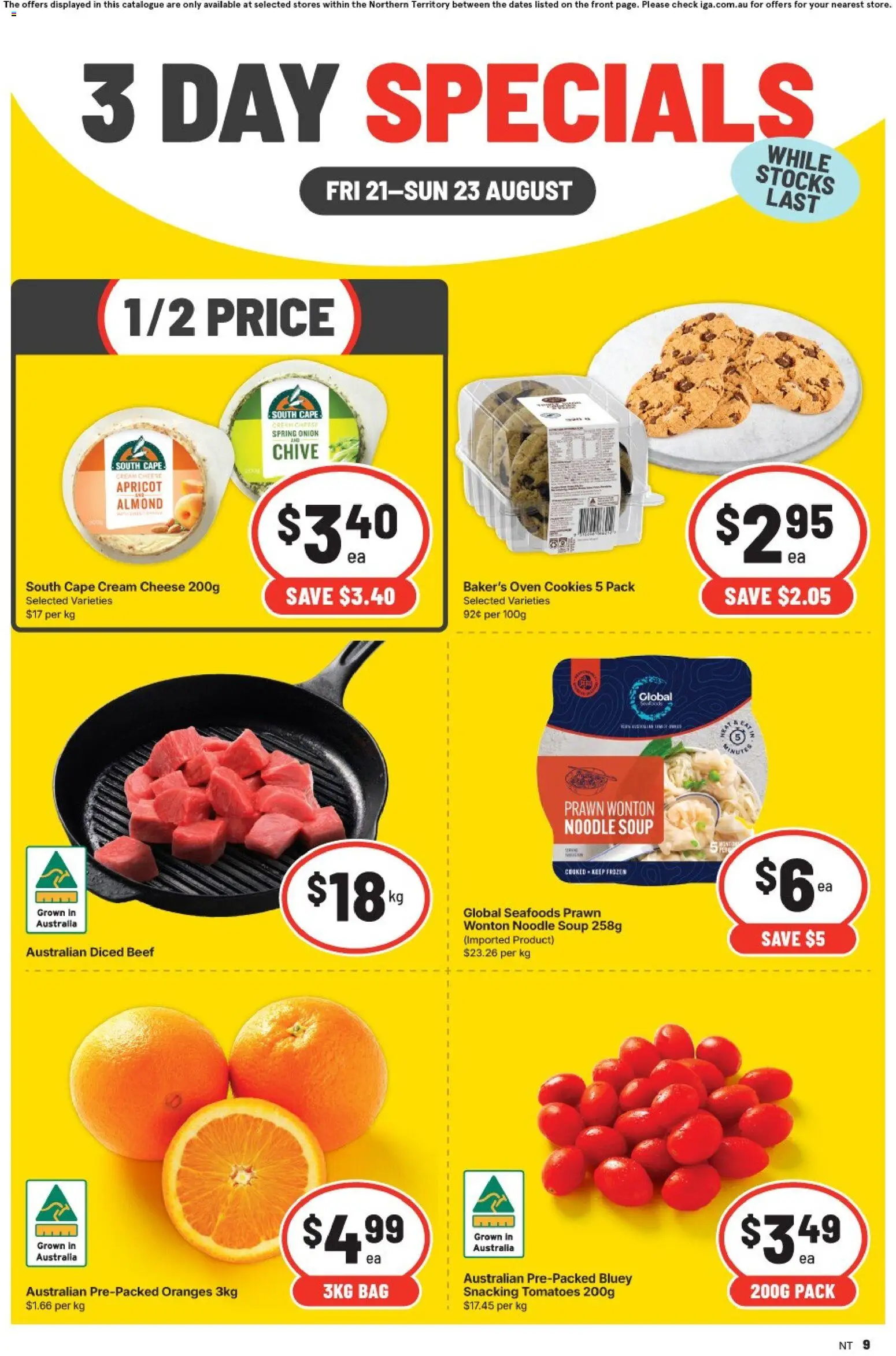 IGA catalogue - valid from 21/08/2026 | Page: 1 | Products: Oranges, Beef, Soup, Bag