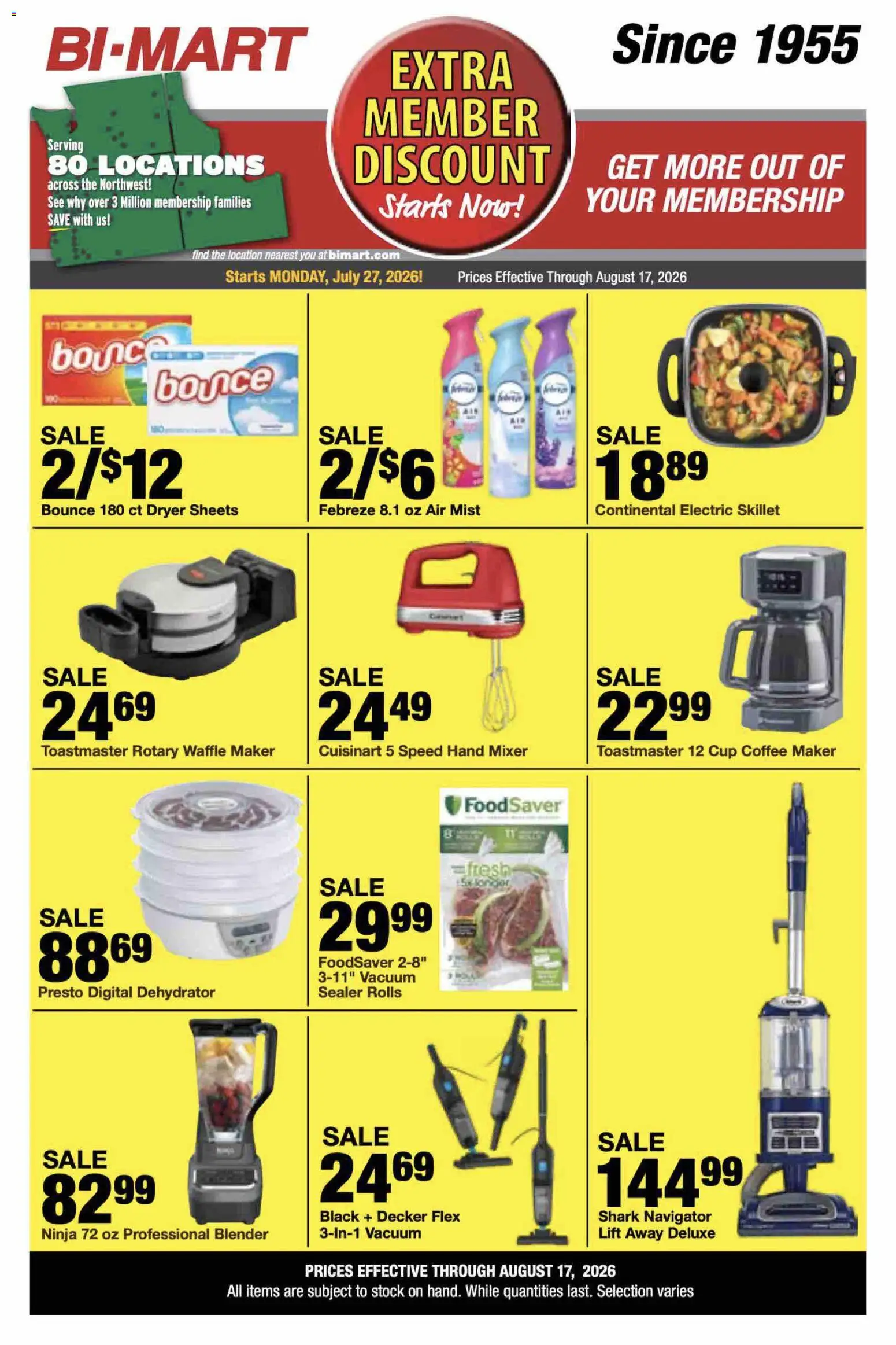 Bi-Mart Extra Member Discount - valid from 07/27/2026 | Page: 1 | Products: Coffee, Vacuum Sealer, Dryer, Coffee maker