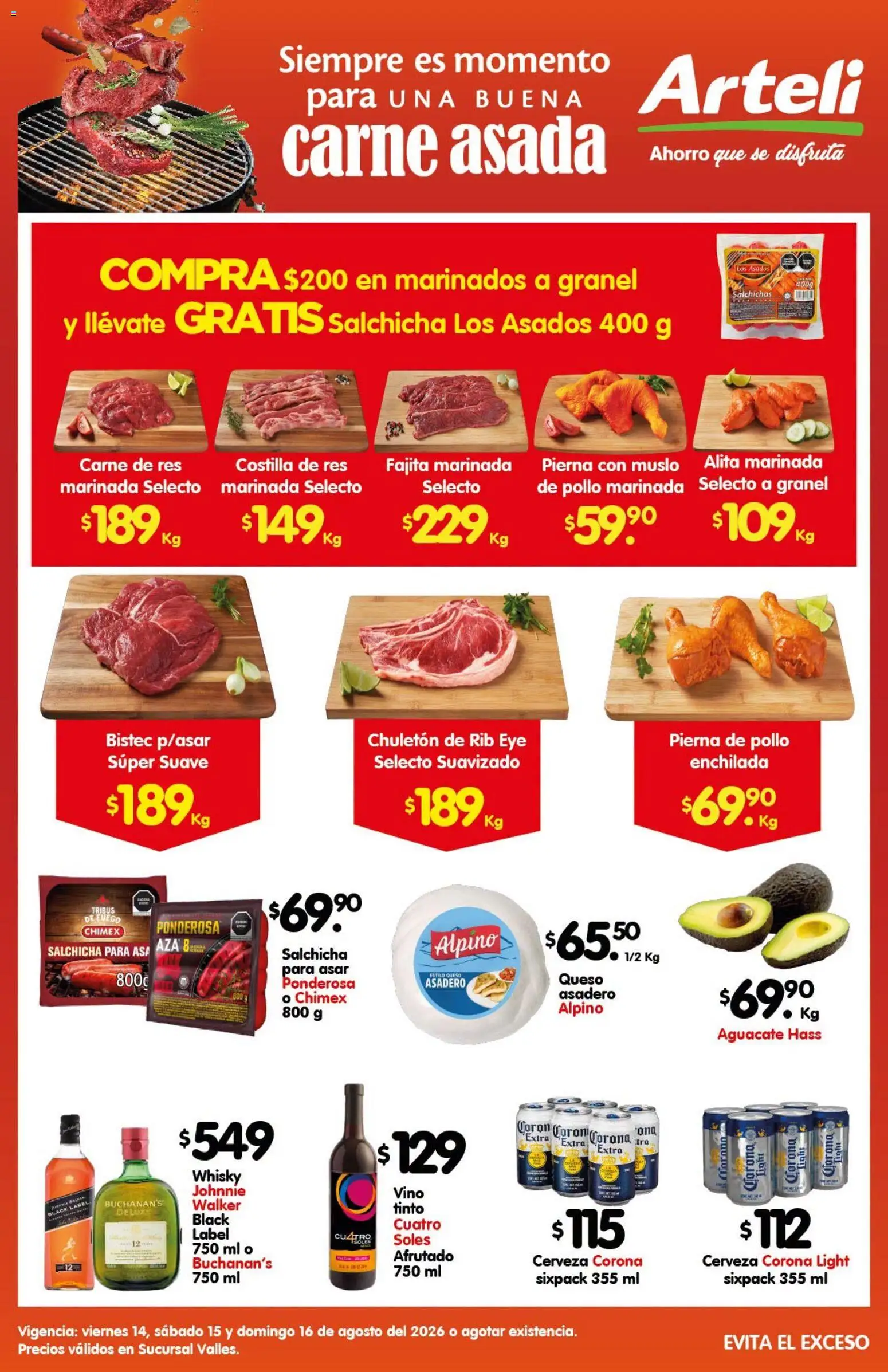 Nuevas ofertas de Arteli válidas en toda la República Mexicana desde el 14/08/2026. ¡Encuentra las mejores ofertas en Arteli folleto Carne Valles! | Página: 1 | Productos: Cerveza, Res, Vino, Carne de res