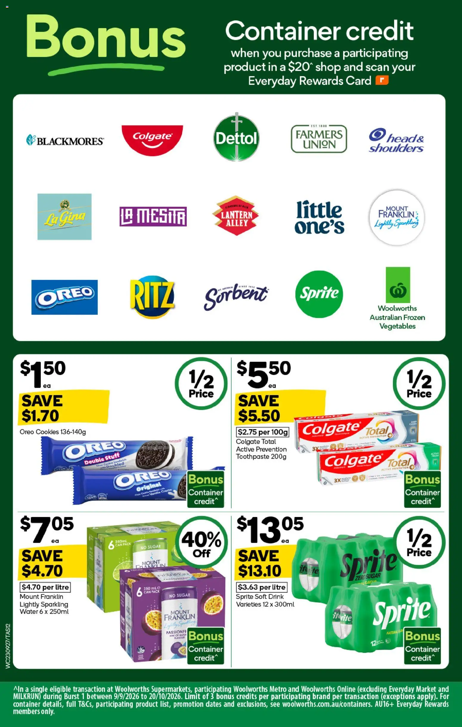 Woolworths catalogue - valid from 23/09/2026 | Page: 12 | Products: Toothpaste, Oreo, Frozen vegetables, Cookies