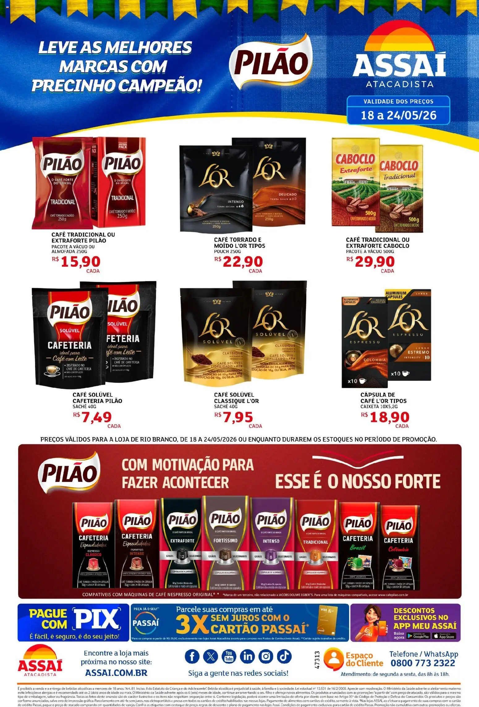Assaí Atacadista Folheto - válido de 18.05.2026 | Página: 1 | Produtos: Leite, Bebida, Telefone, Café solúvel
