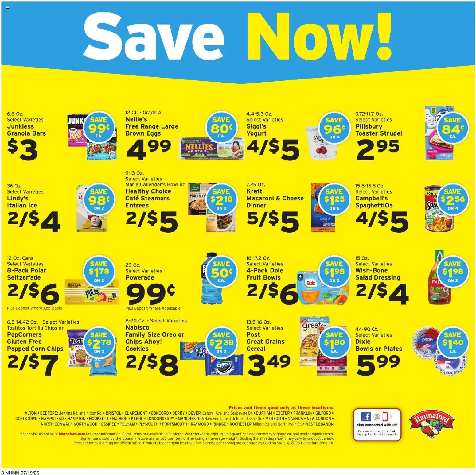 Hannaford Weekly Ad - valid from 07/19/2026 | Page: 8 | Products: Shelf, Cheese, Eggs, Chips