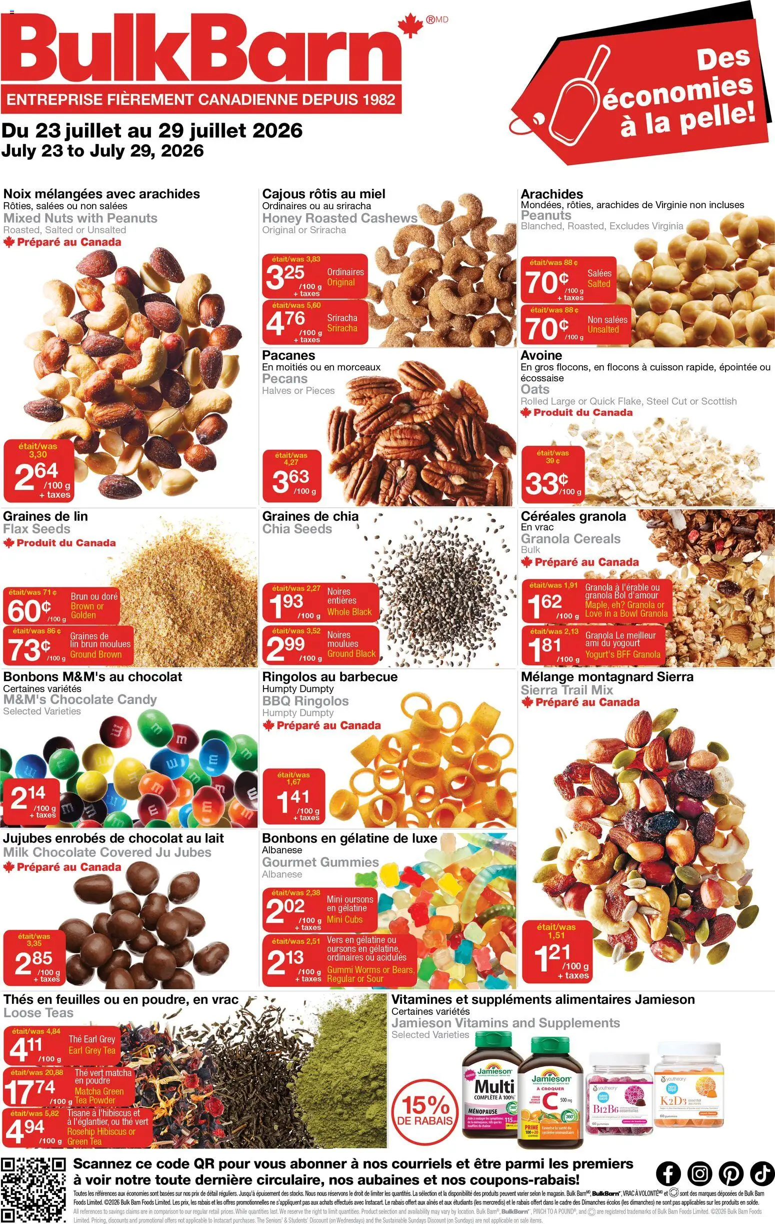 Bulk Barn flyer valid from Jul 23, 2026 | Page: 1 | Products: Tea, Cereals, Nuts, Milk