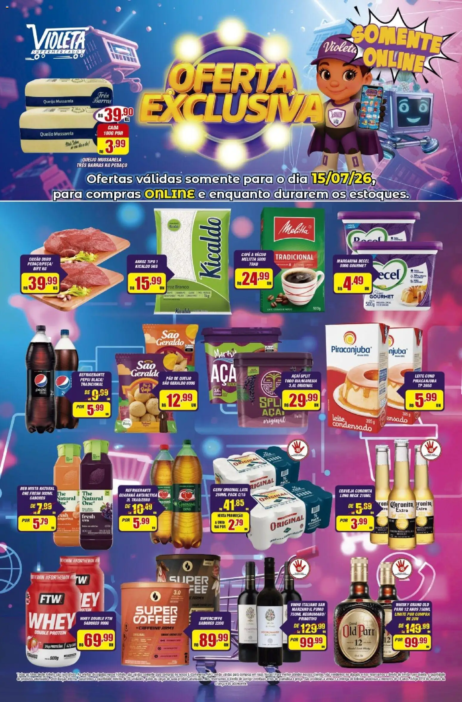 Violeta Supermercados Folheto - válido de 15/07/2026 | Página: 1 | Produtos: Leite, Queijo, Pão, Pão de queijo