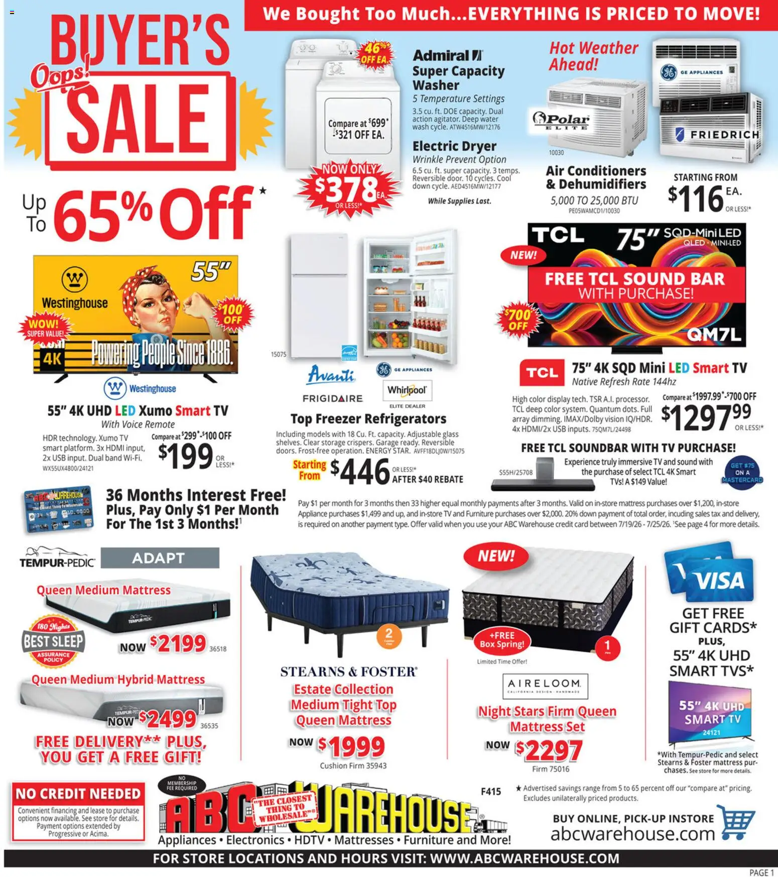ABC Warehouse Weekly Ad - valid from 07/19/2026 | Page: 1 | Products: Box, Washer, Freezer, Dryer