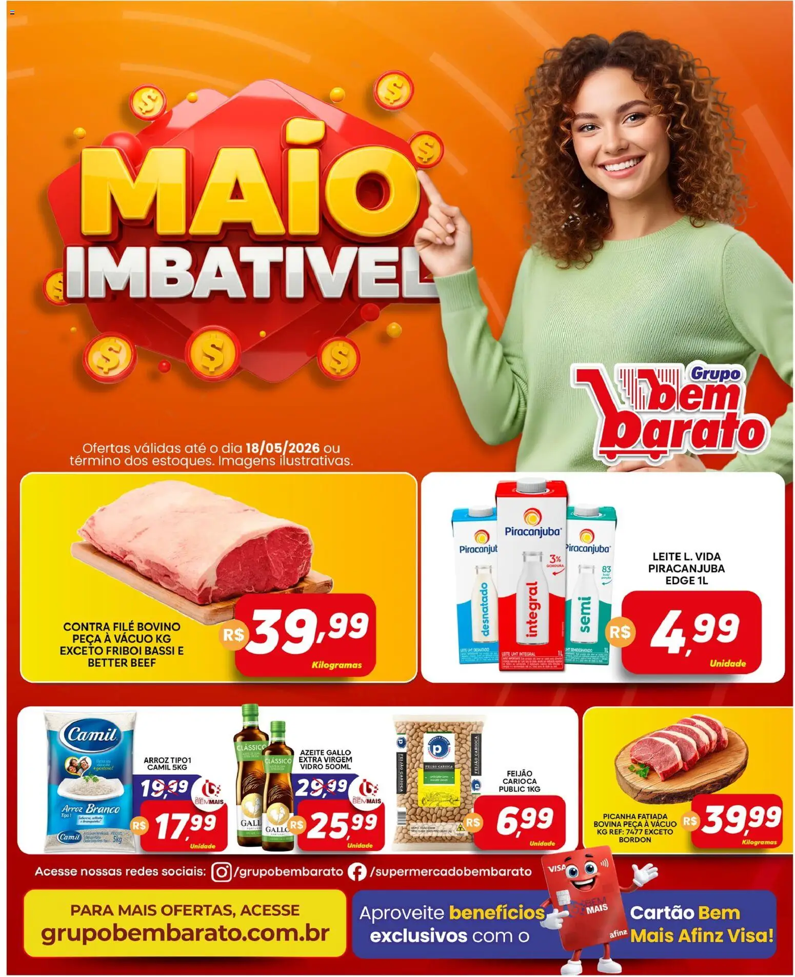 Supermercado Bem Barato Folheto - válido de 12.05.2026 | Página: 1 | Produtos: Feijão, Contra filé, Picanha, Arroz
