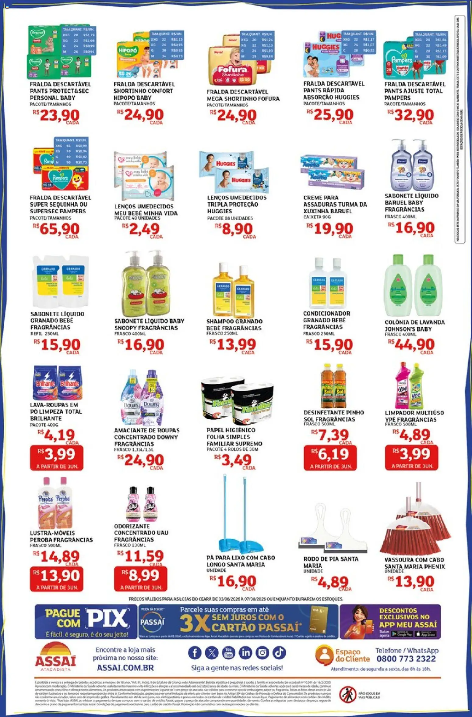 Assaí Atacadista Folheto - válido de 03/08/2026 | Página: 4 | Produtos: Pampers, Roupas, Papel higiênico, Vassoura