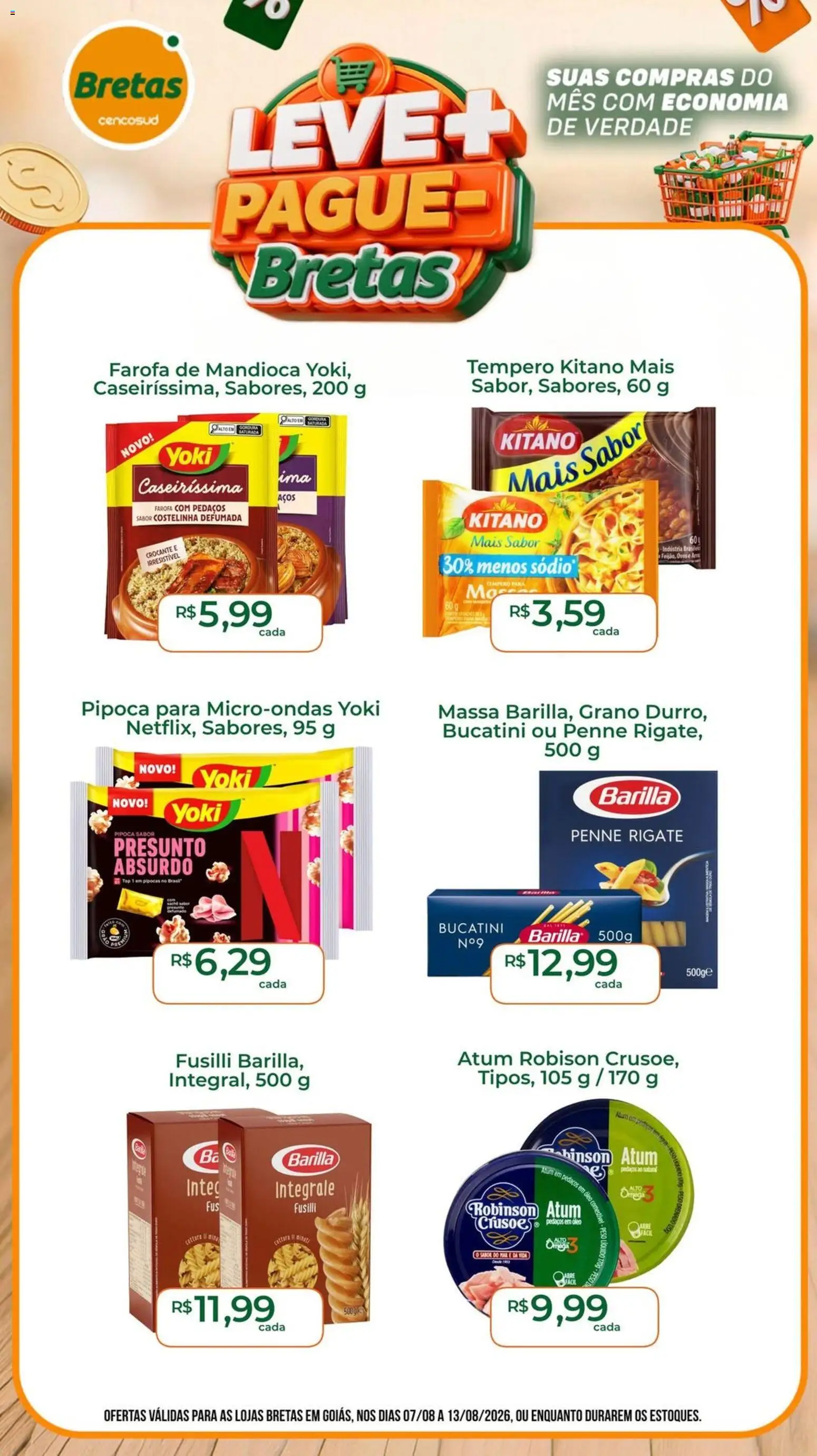 Bretas Folheto - válido de 07/08/2026 | Página: 1 | Produtos: Presunto, Barilla, Massa, Pipoca