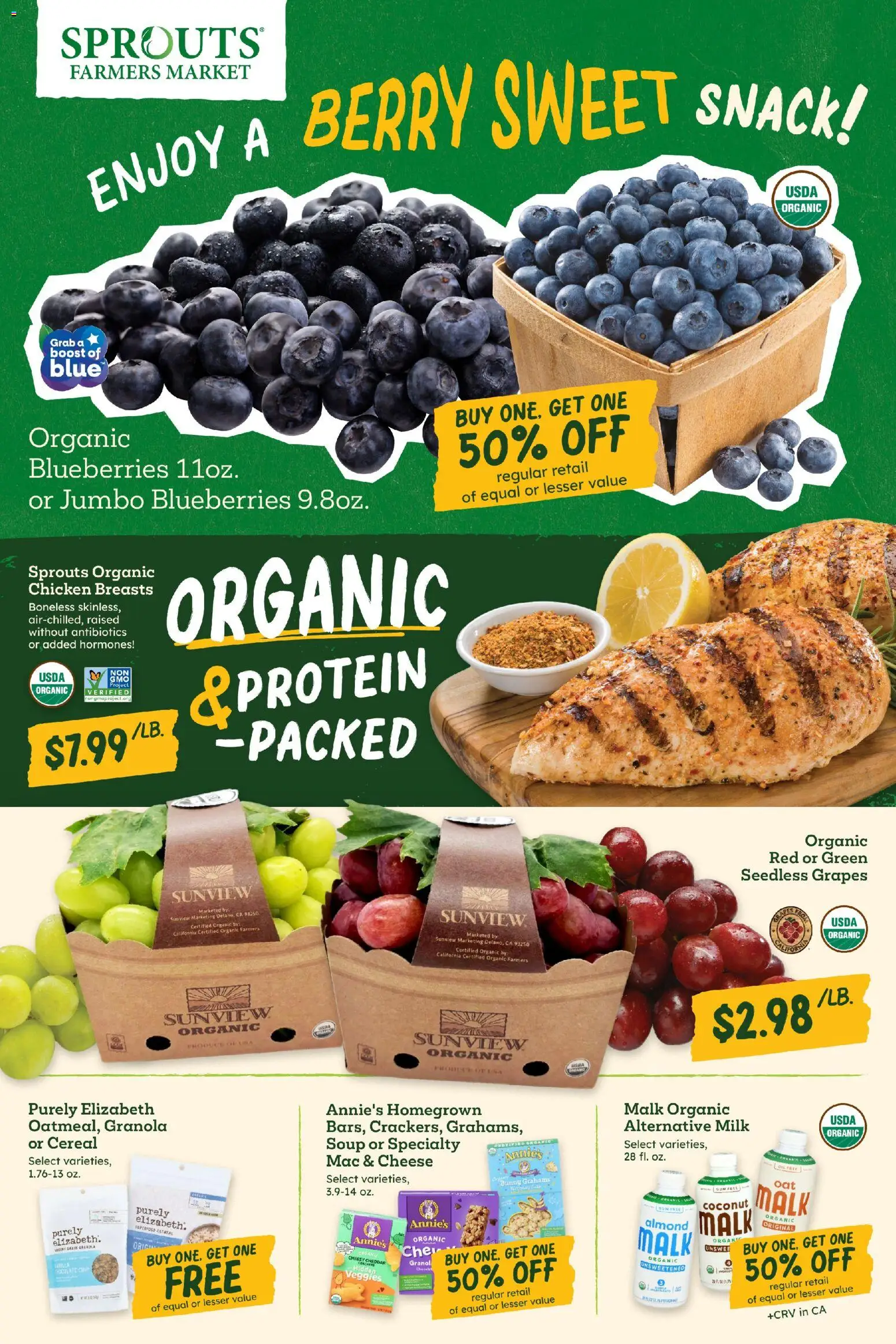 Sprouts Weekly Ad - valid from 08/12/2026 | Page: 1 | Products: Chicken, Cheese, Chicken breasts, Oatmeal