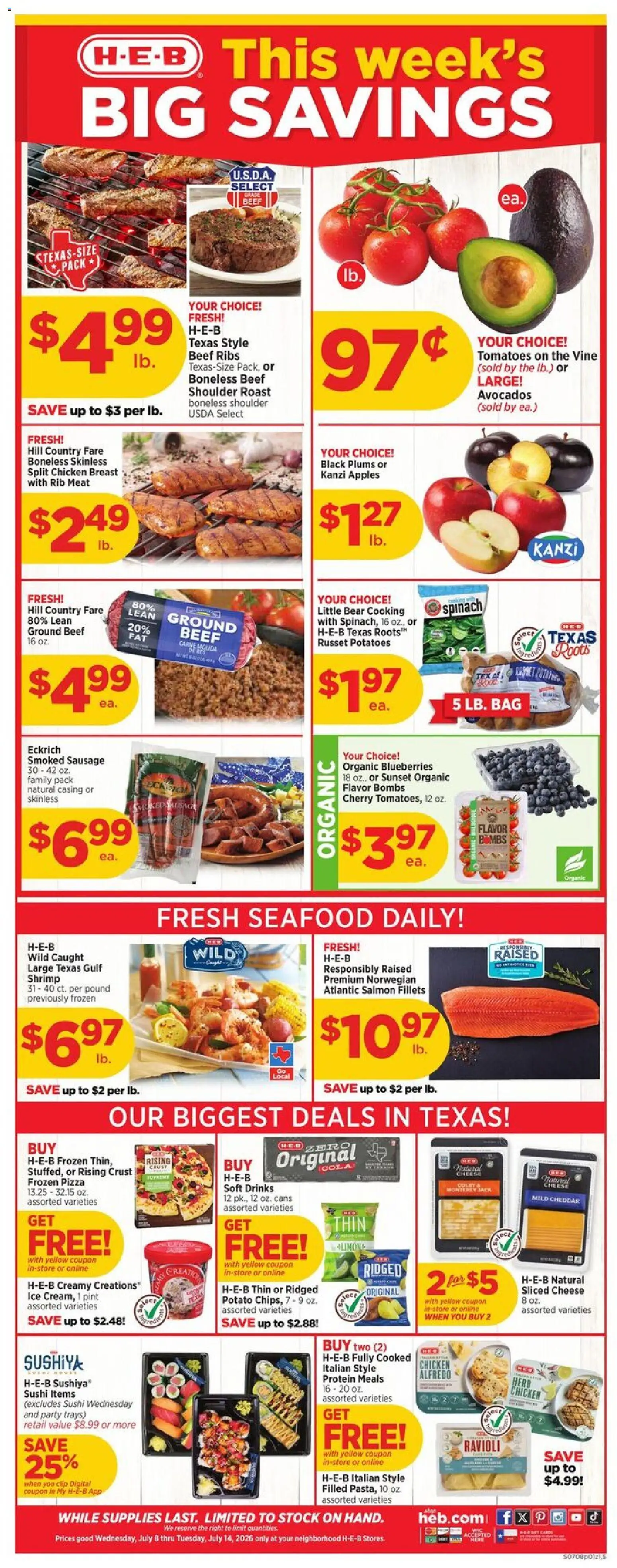H-E-B Weekly Ad - valid from 07/08/2026 | Page: 1 | Products: Pizza, Apples, Potatoes, Sausage