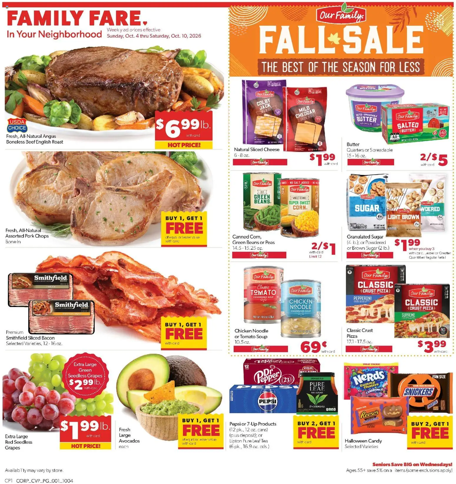 Family Fare Weekly Ad - valid from 10/04/2026 | Page: 1 | Products: Butter, Cheese, Bacon, Pepper