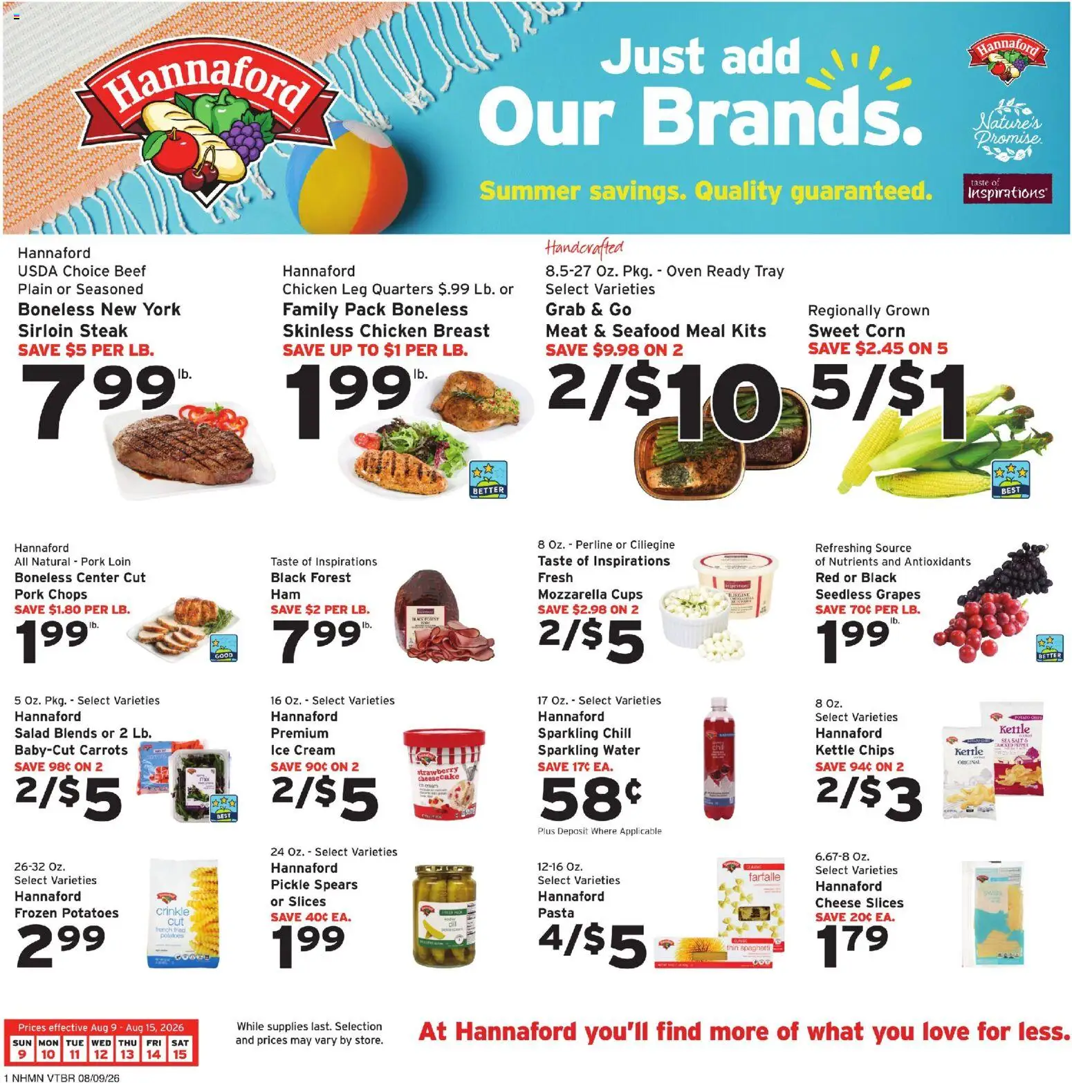 Hannaford Weekly Ad - valid from 08/09/2026 | Page: 3 | Products: Corn, Cheese, Beef, Spaghetti