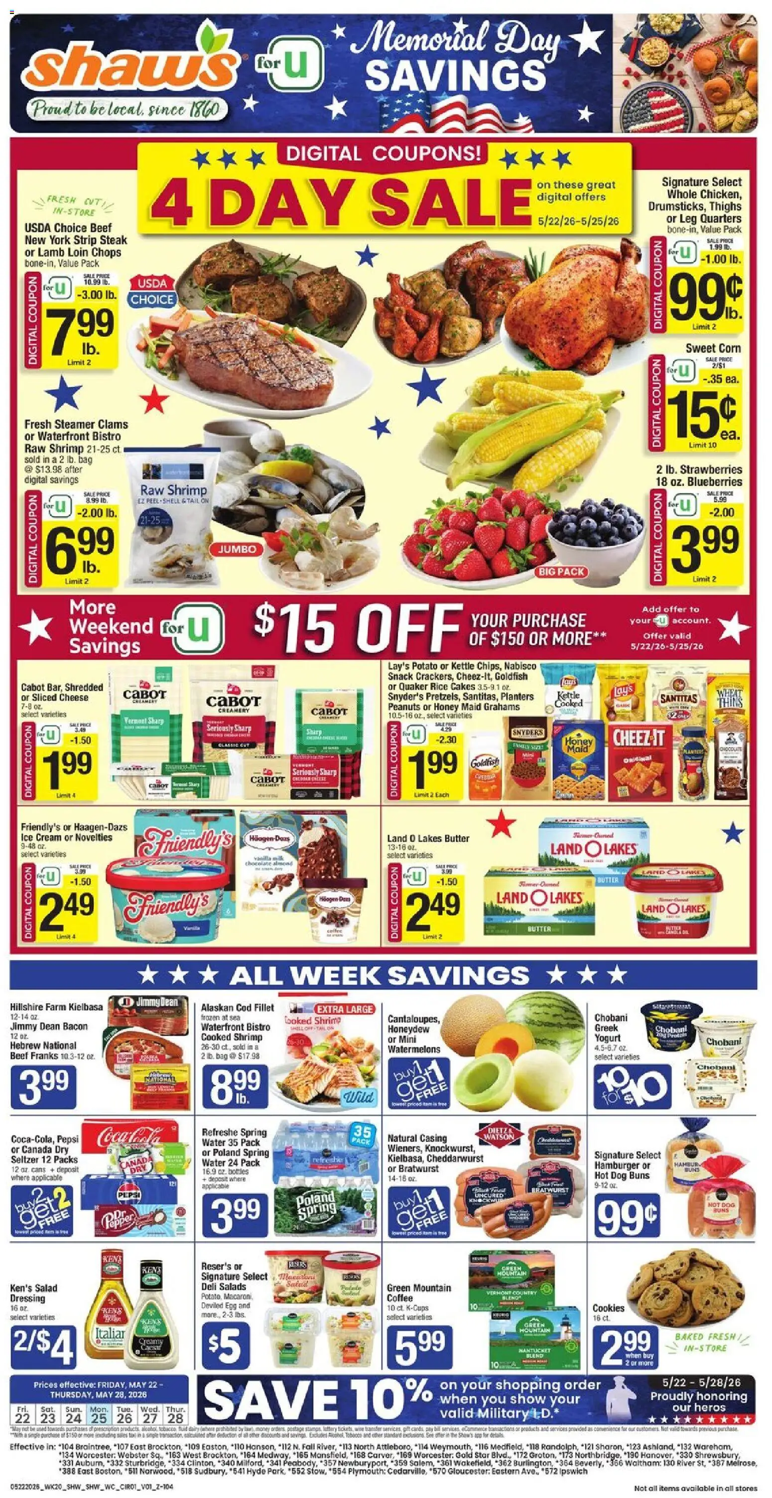 Shaw's Weekly Ad - valid from 22.05.2026 | Page: 1 | Products: Cheese, Chocolate, Pepper, Blueberries