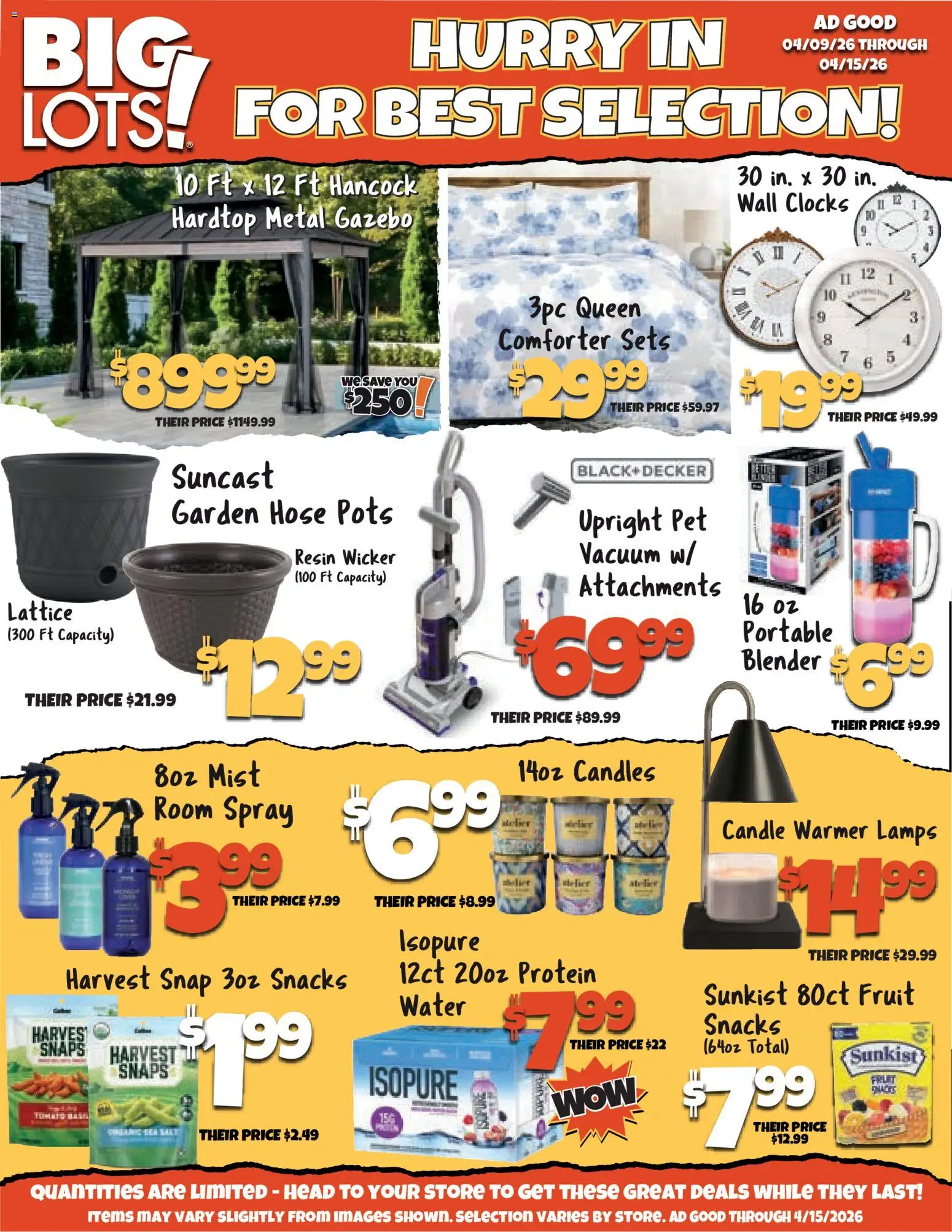 Big Lots Weekly Ad - valid from 09.04.2026 | Page: 1 | Products: Vacuum, Blender, Water, Comforter