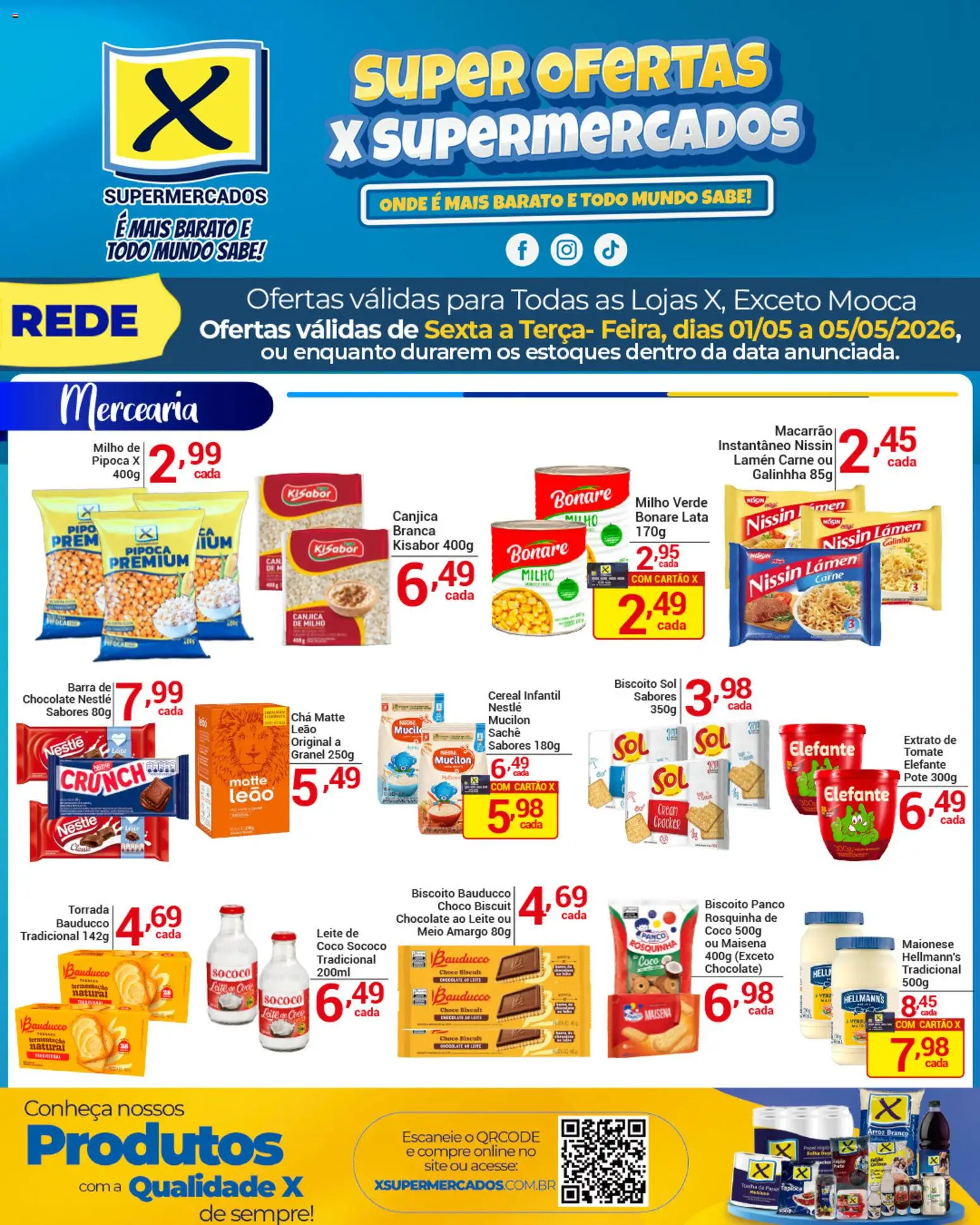 X Supermercados Folheto - válido de 01.05.2026 | Página: 2 | Produtos: Biscoito, Leite, Macarrão, Carne
