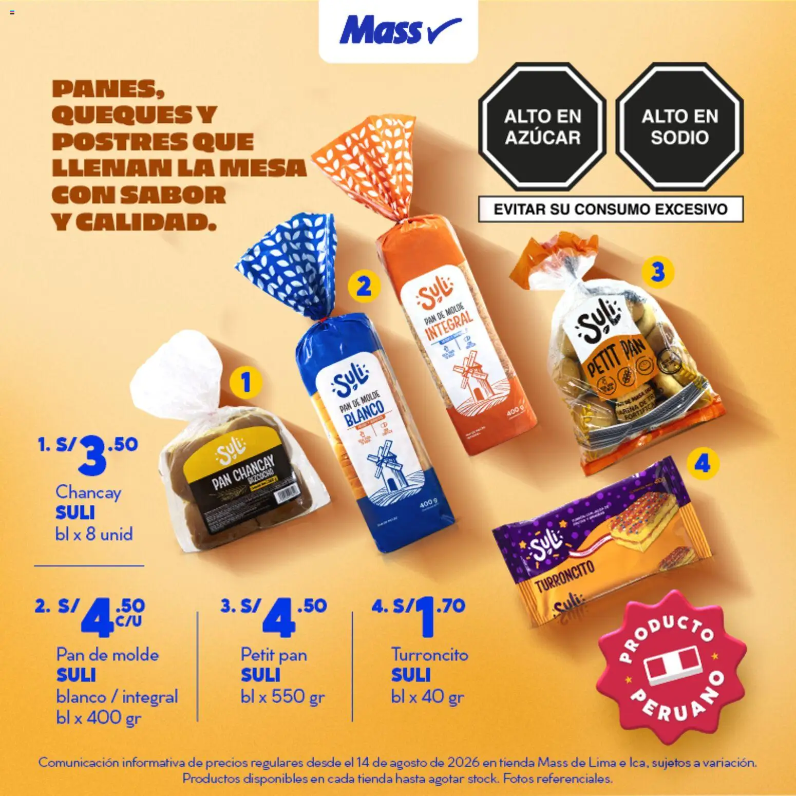 Catálogo Mass válido desde 14/08/2026 | Página: 6 | Productos: Pan, Lima, Postres, Azúcar
