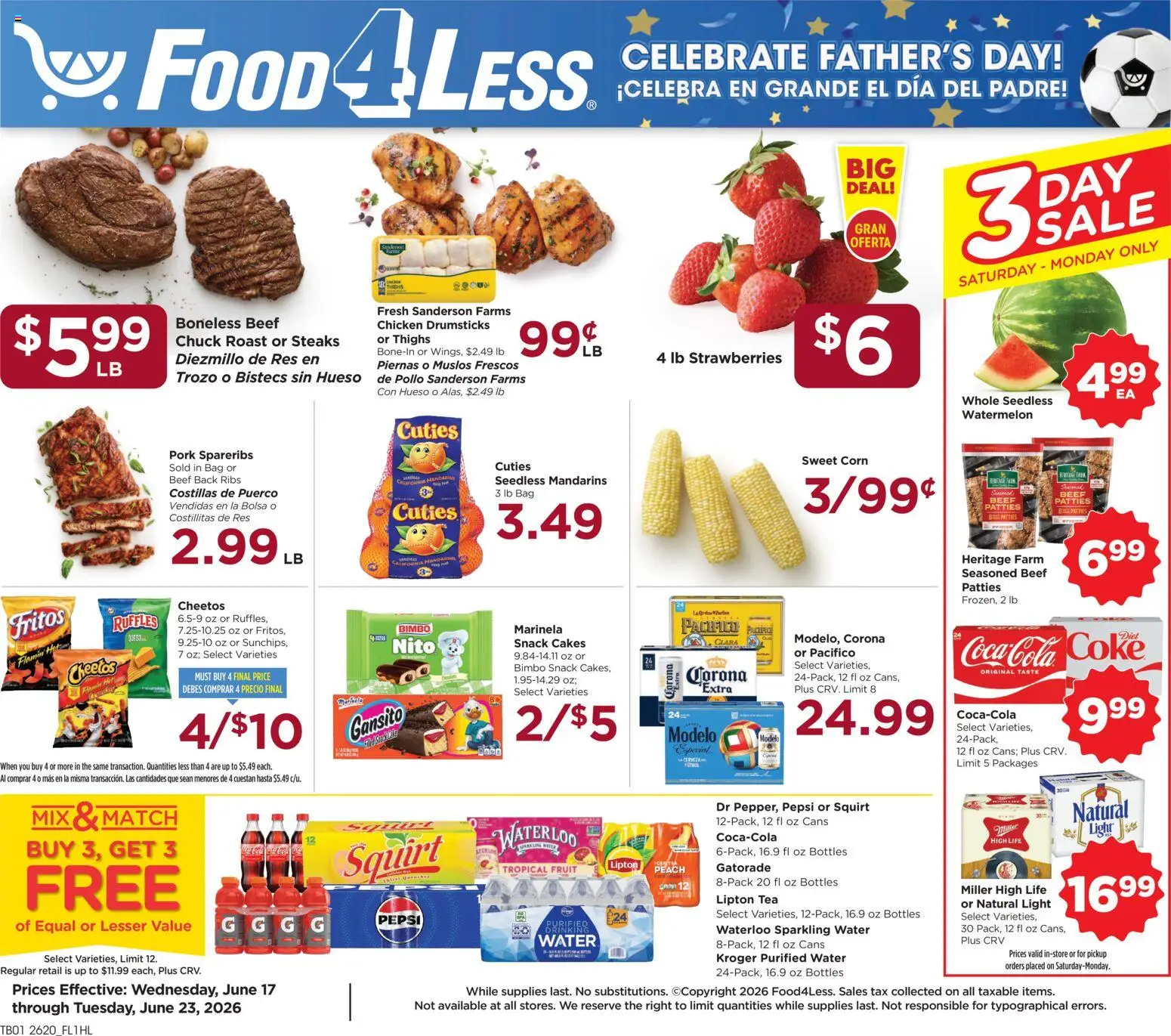 Food 4 Less Weekly Ad - valid from 17.06.2026 | Page: 1 | Products: Corn, Mandarins, Tea, Bag