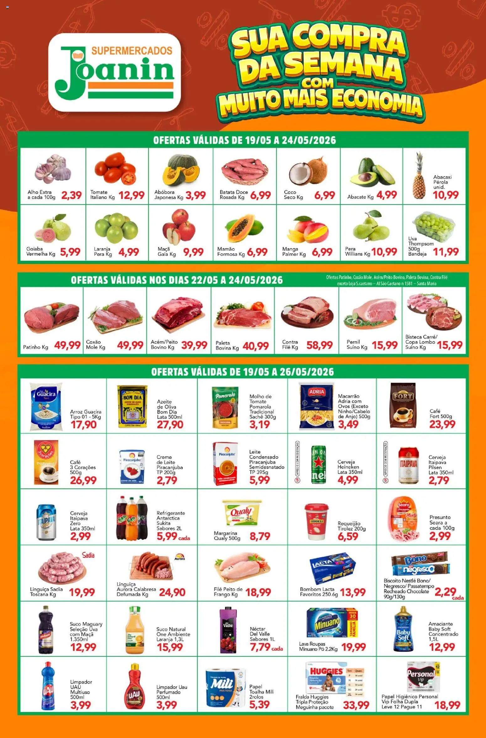 Supermercados Joanin Folheto - válido de 19.05.2026 | Página: 1 | Produtos: Ovos, Heineken, Refrigerante, Papel higiênico