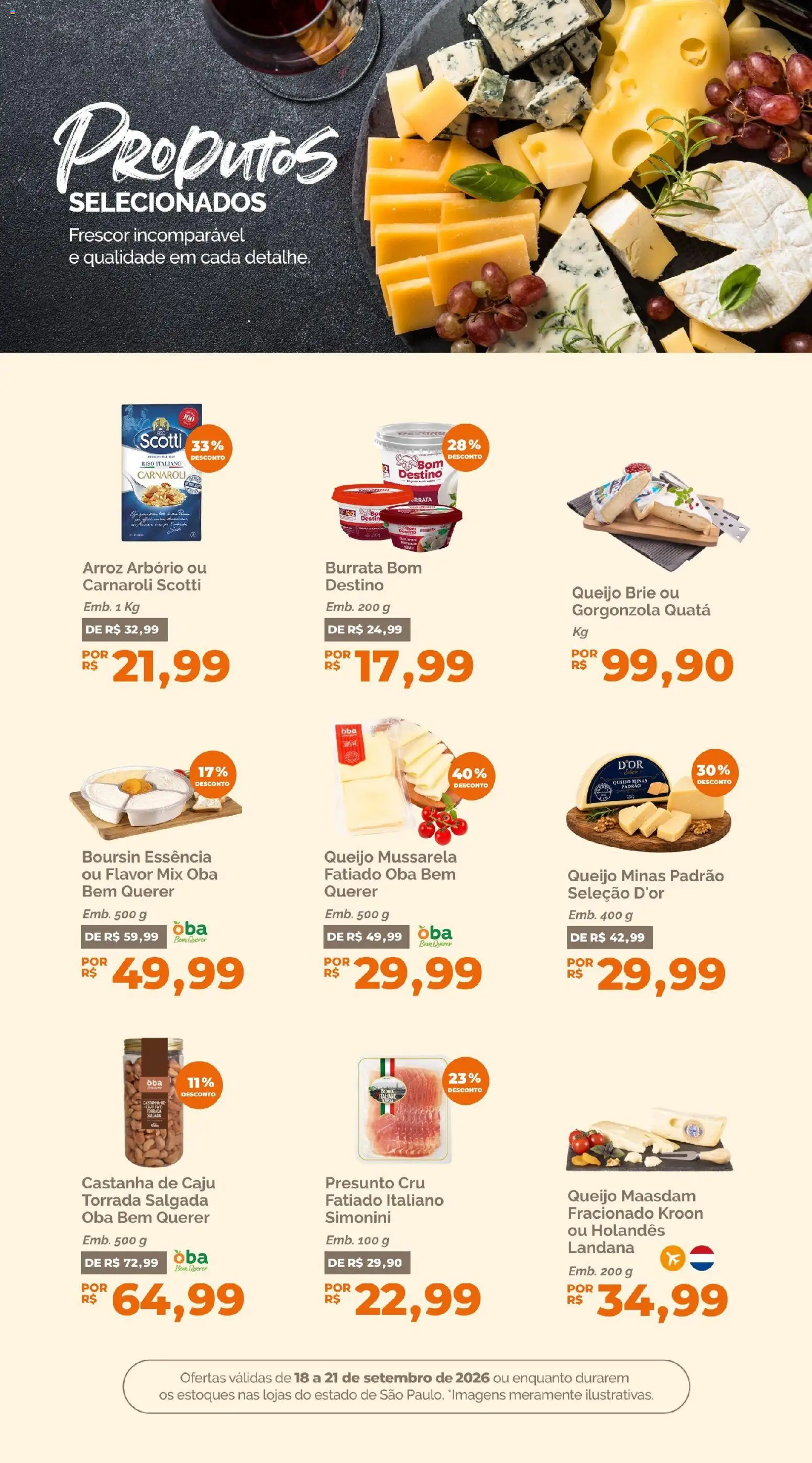 Oba Hortifruti Folheto - válido de 18/09/2026 | Página: 9 | Produtos: Presunto, Presunto cru, Arroz, Brie