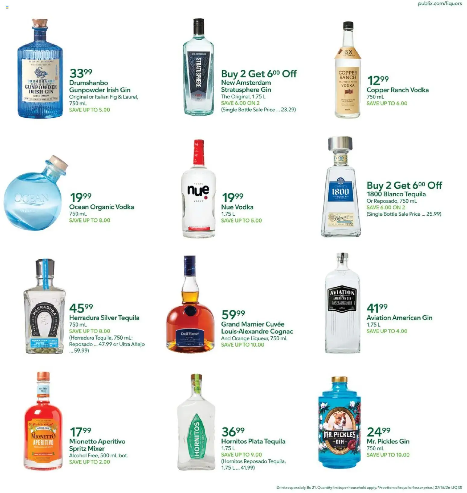 Publix Liquor Ad - valid from 07/16/2026 | Page: 3 | Products: Gin, Vodka, Mixer