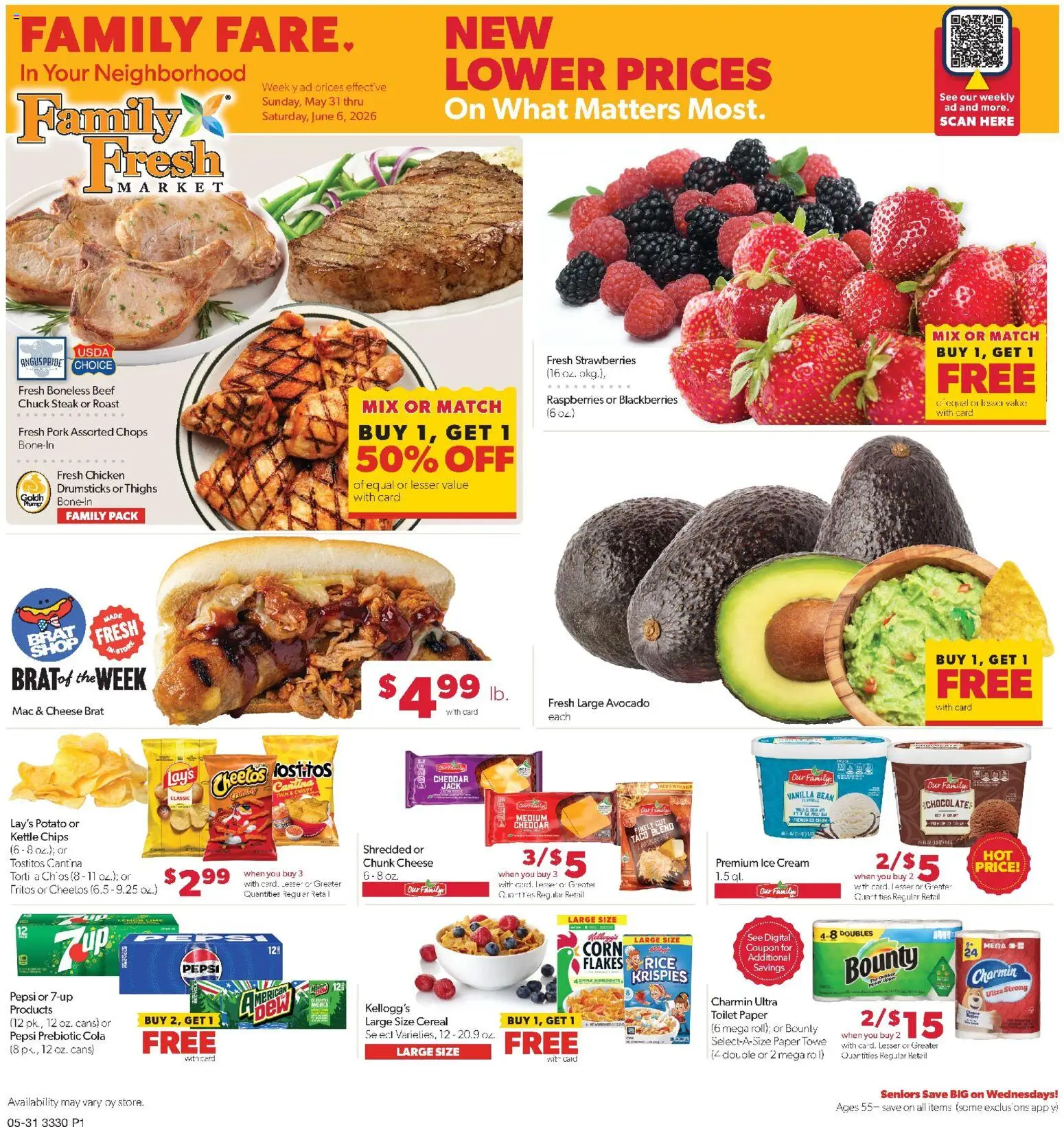 Family Fare Weekly Ad - MN - valid from 31.05.2026 | Page: 1 | Products: Pork, Chips, Ice cream, 2人掛けソファ