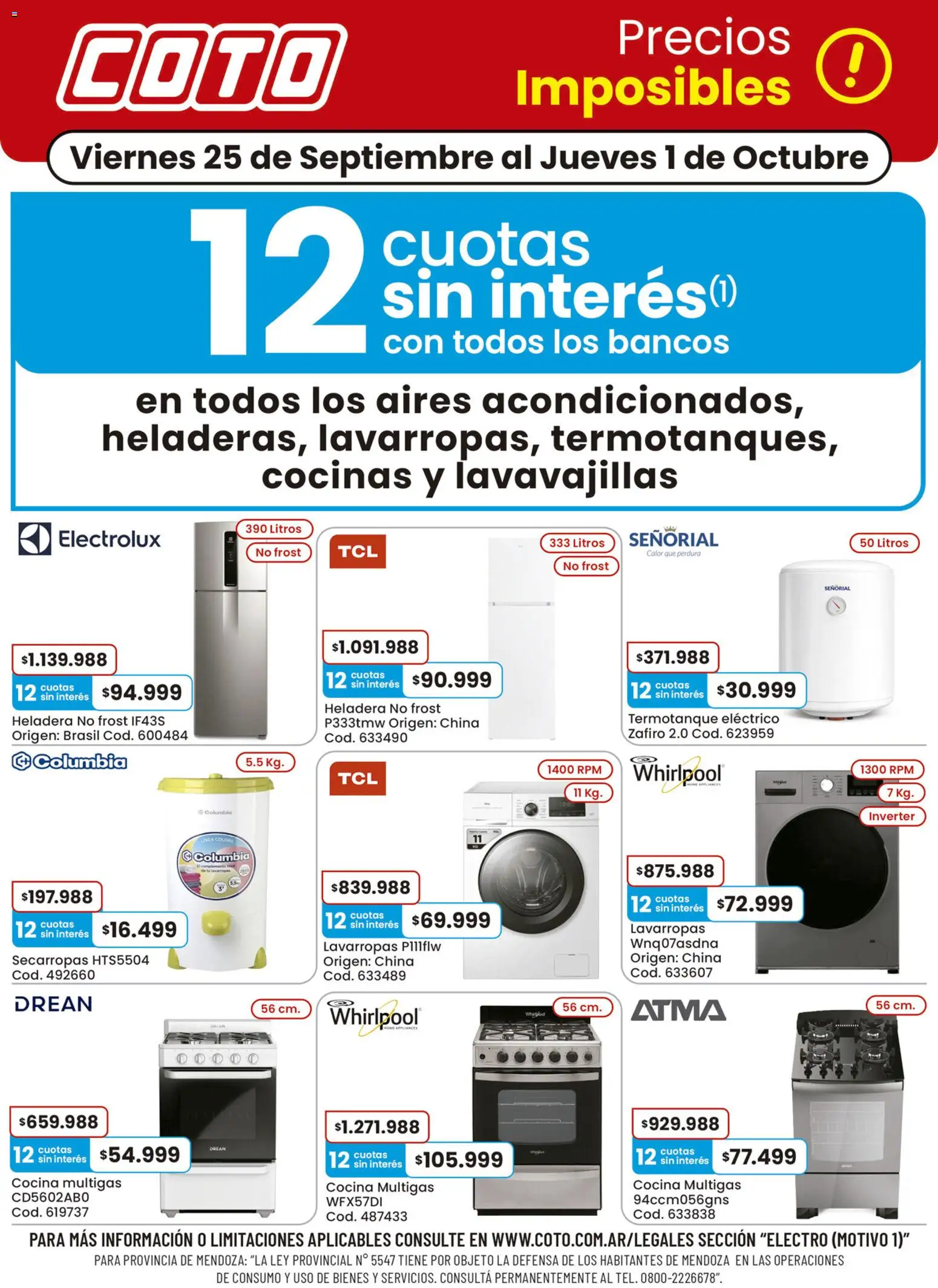 Coto ofertas │ válido desde el 25/09/2026 | Página: 1 | Productos: Lavavajillas, Secarropas, Heladera, Termotanque