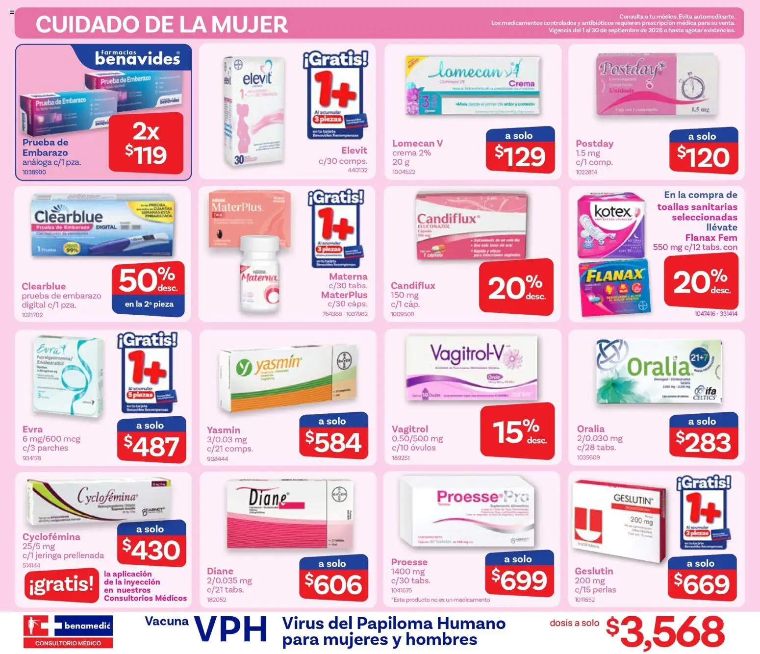 Nuevas ofertas de Farmacia Benavides válidas en toda la República Mexicana desde el 01/09/2026. ¡Encuentra las mejores ofertas en Farmacia Benavides catálogo! | Página: 6 | Productos: Crema, Prueba de embarazo, Toallas sanitarias, Toallas