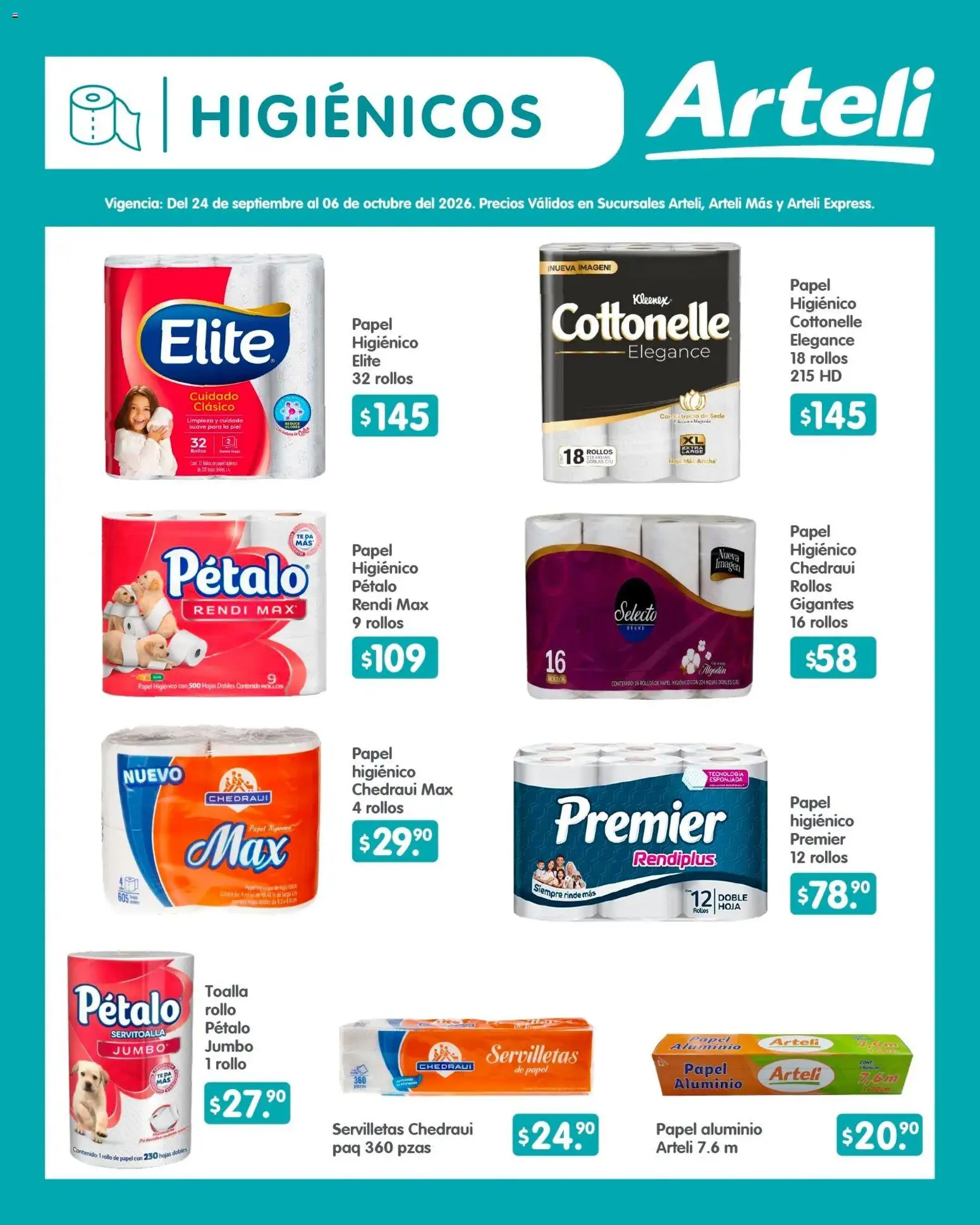 Nuevas ofertas de Arteli válidas en toda la República Mexicana desde el 24/09/2026. ¡Encuentra las mejores ofertas en Arteli folleto Quincenal! | Página: 14 | Productos: Toalla, Papel higiénico, Té, Servilletas