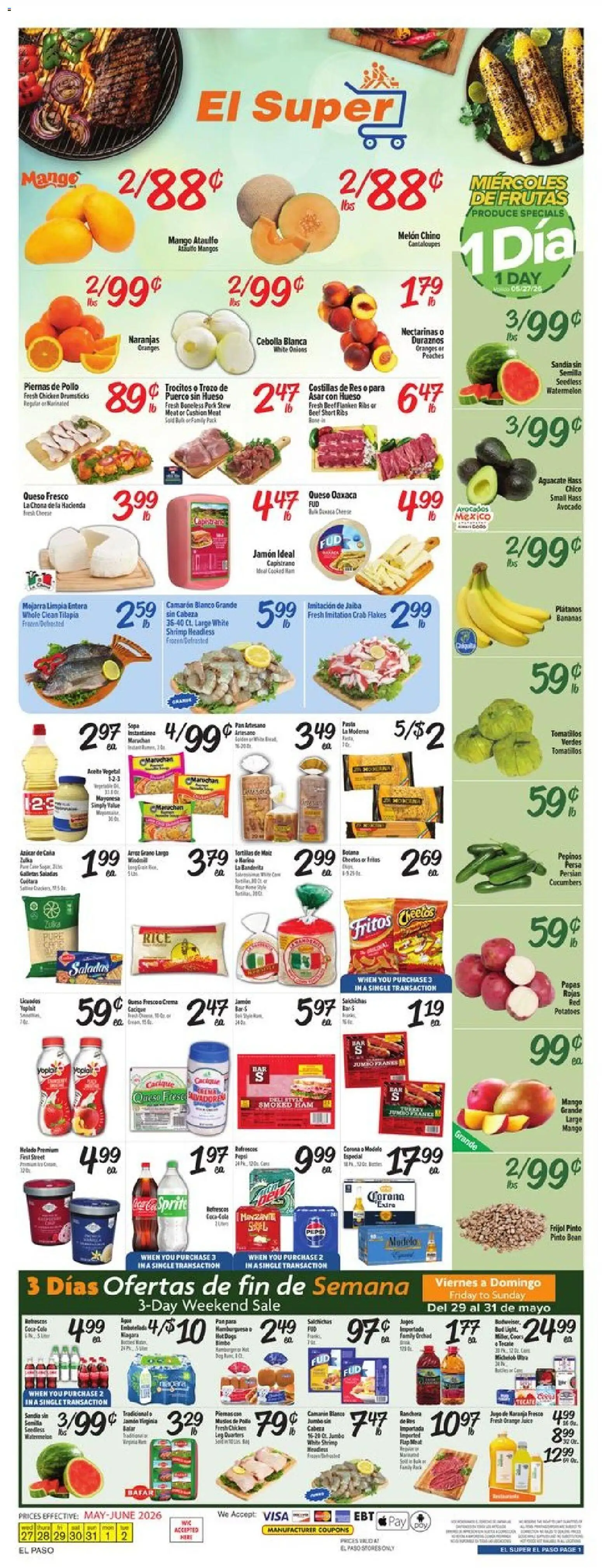 El Super Weekly Ad - TX - valid from 27.05.2026 | Page: 1 | Products: Pork, Rice, Cucumbers, Cushion