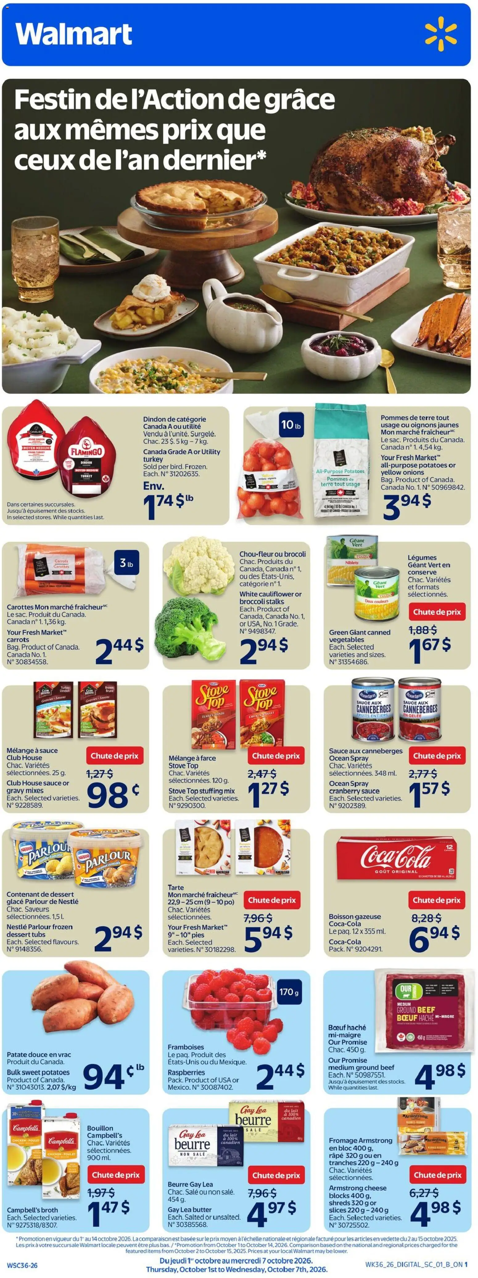 Walmart flyer valid from Oct 1, 2026 | Page: 1 | Products: Stove, Broth, Sweet potatoes, Ground beef