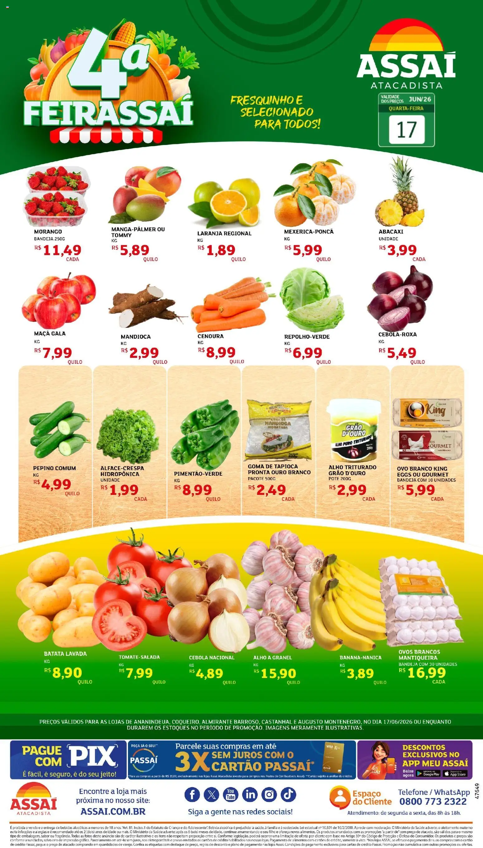 Assaí Atacadista Folheto - válido de 17.06.2026 | Página: 1 | Produtos: Alho, Tapioca, Bebida, Telefone