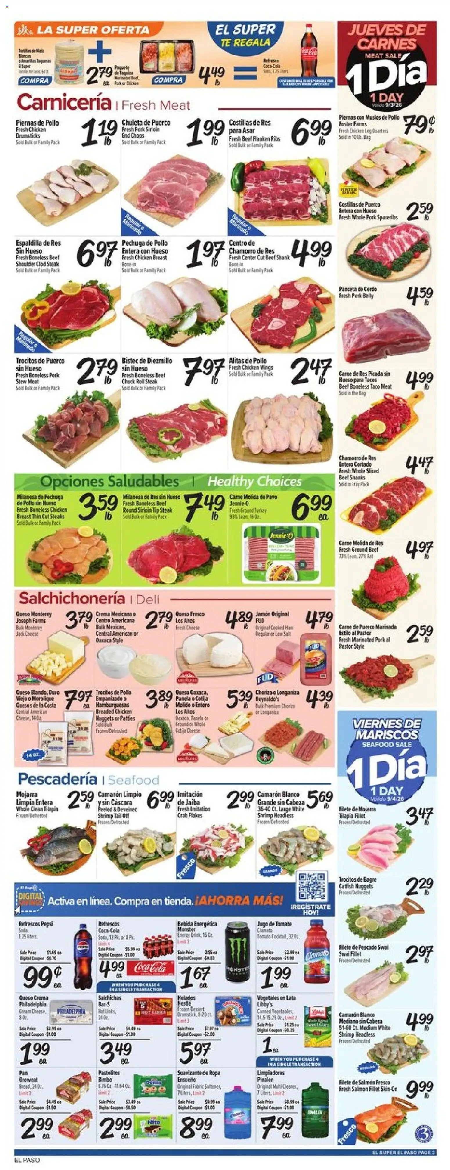 El Super Weekly Ad - TX - valid from 09/02/2026 | Page: 3 | Products: Meat, Cheese, Tilapia, Ground beef