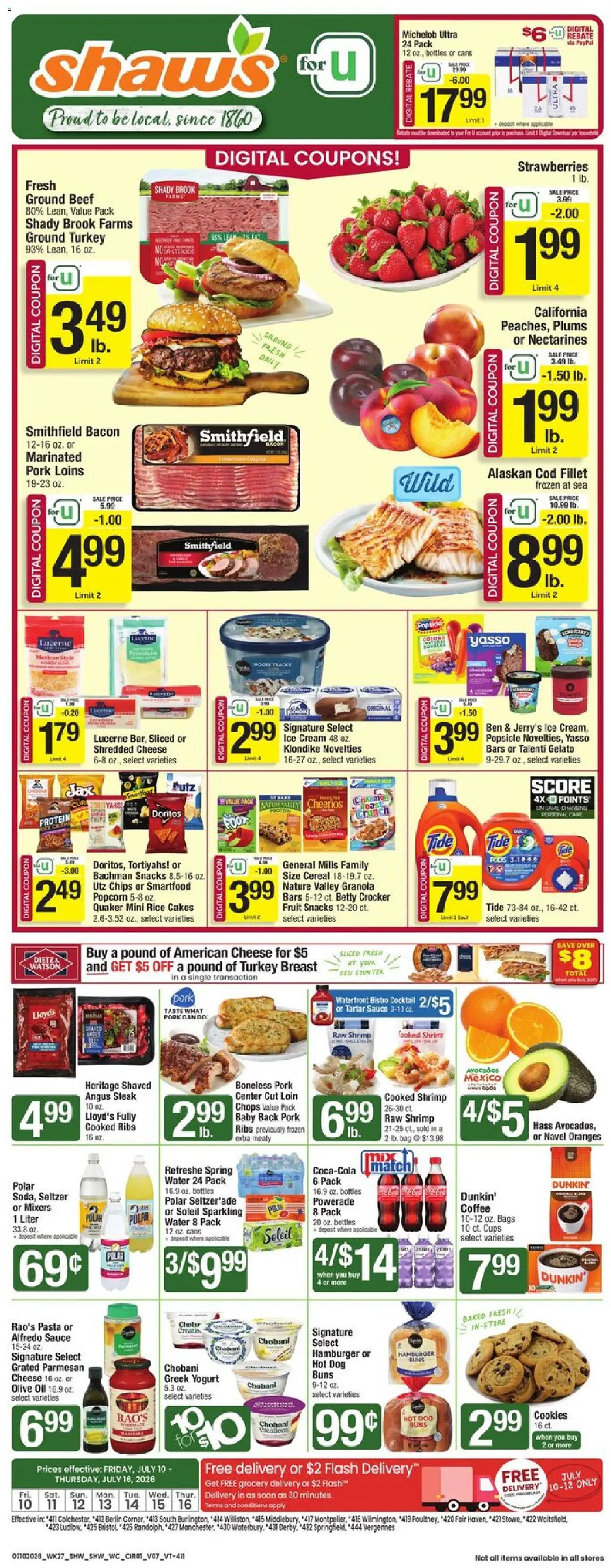 Shaw's Weekly Ad - VT - valid from 07/10/2026 | Page: 1 | Products: Rice, Beef, Pasta, Chips