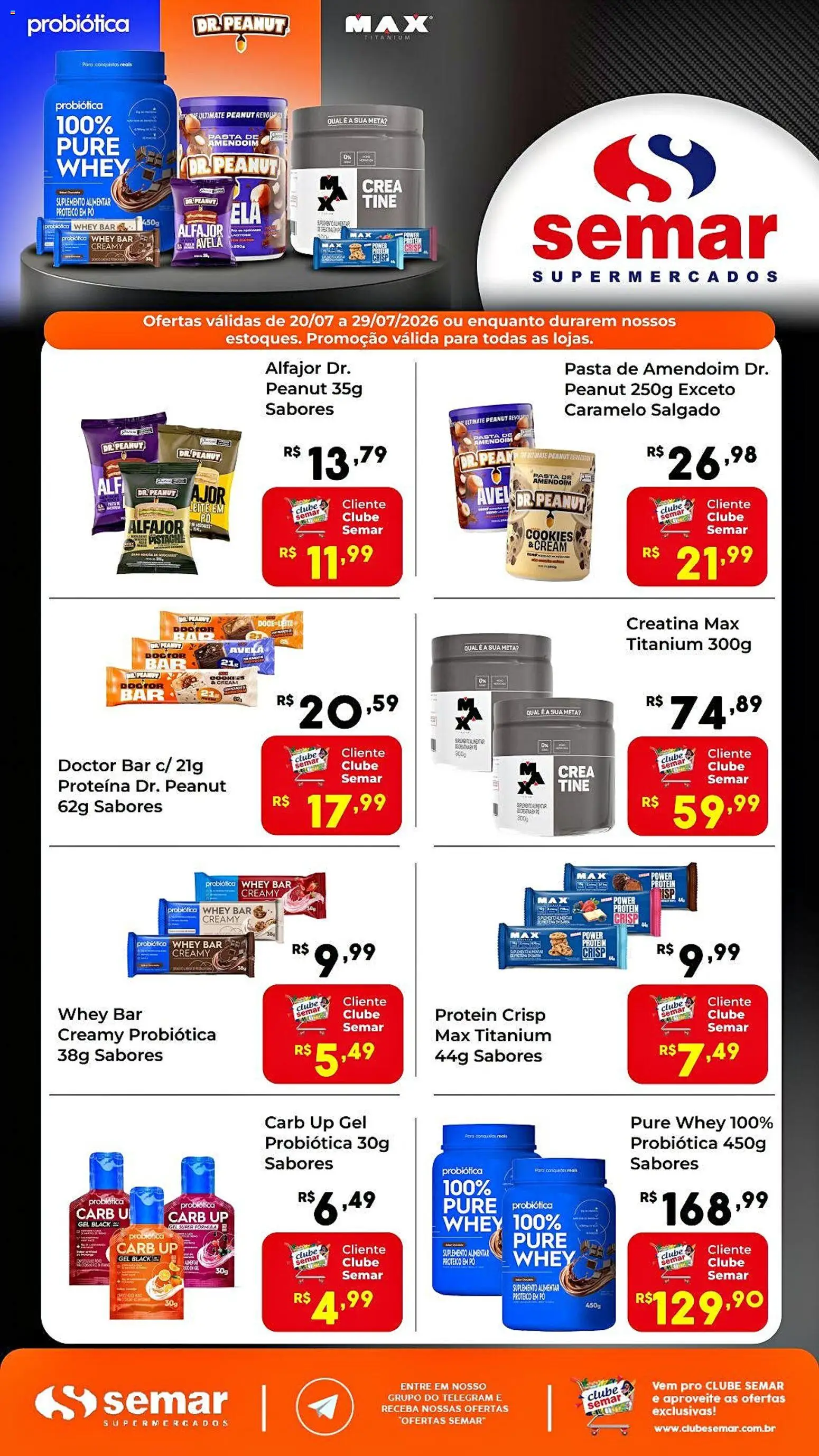 Semar Supermercado Folheto - válido de 20/07/2026 | Página: 1 | Produtos: Creatina, Leite, Pasta de amendoim, Avelã