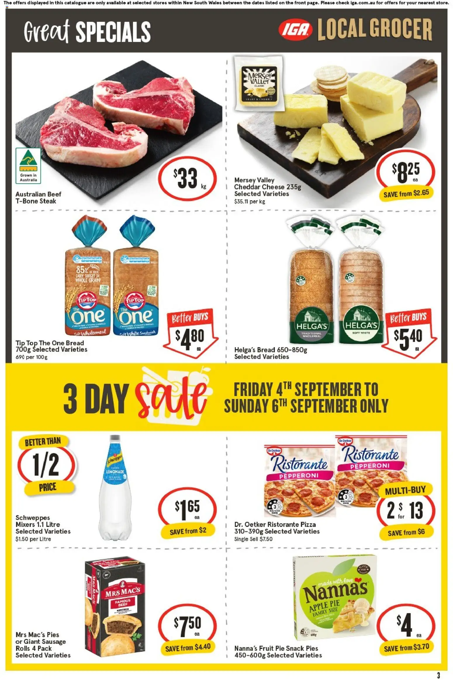 IGA catalogue - valid from 02/09/2026 | Page: 4 | Products: Cheese, Steak, Pies, Lemonade