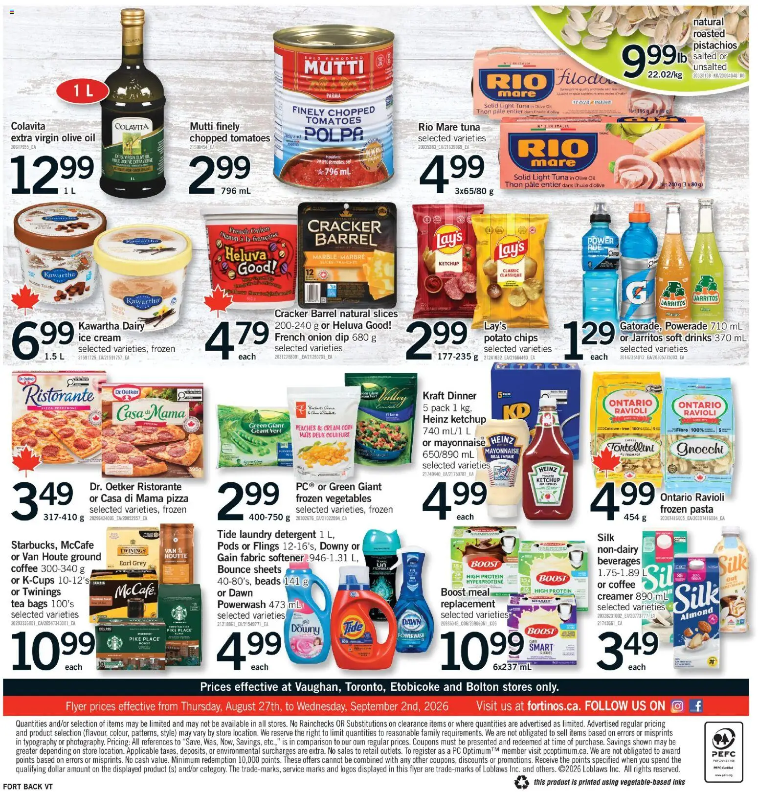 Fortinos flyer valid from Aug 27, 2026 | Page: 2 | Products: Pâté, Mango, Pizza, Tomatoes