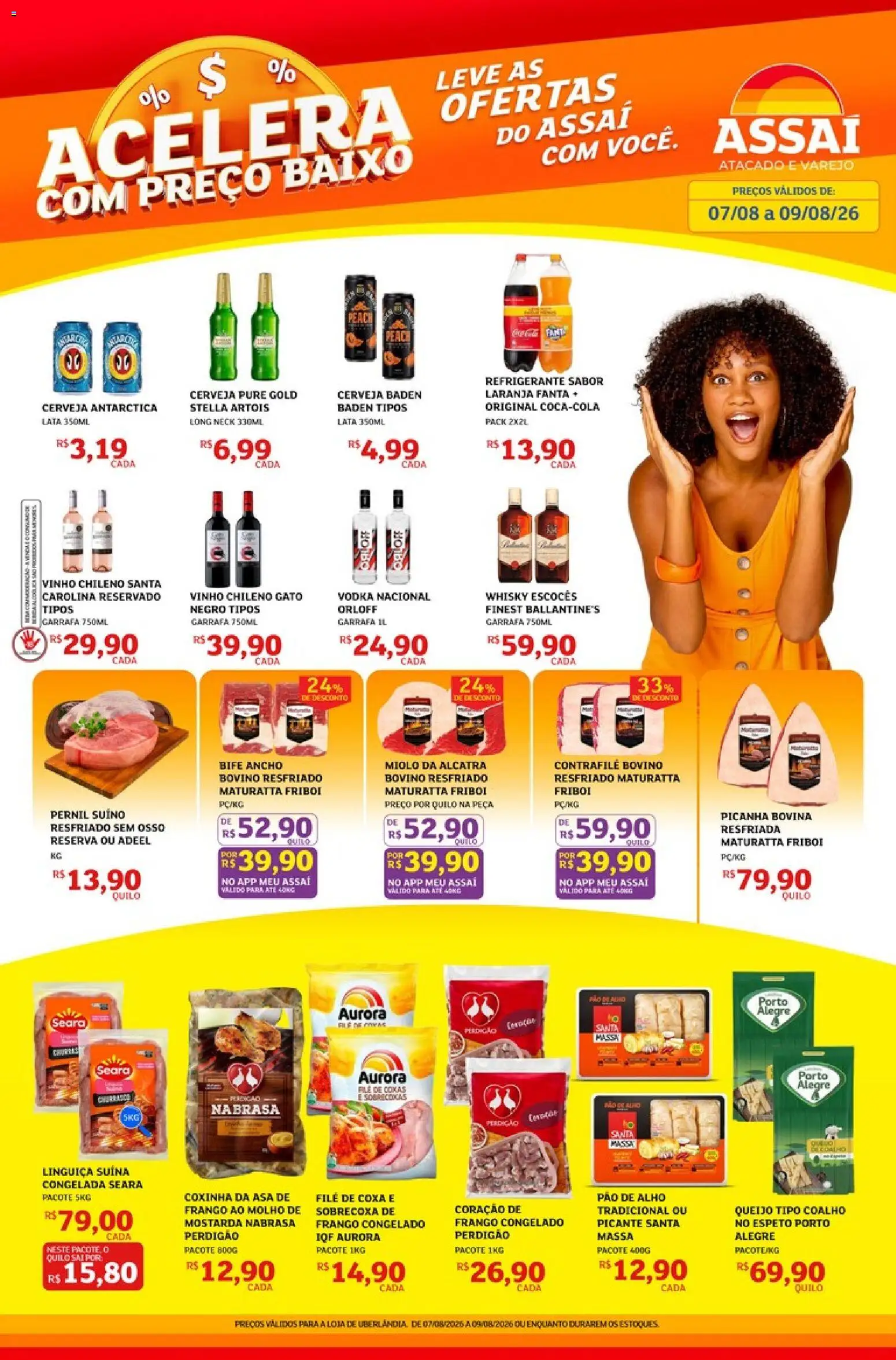 Assaí Atacadista Folheto - válido de 07/08/2026 | Página: 1 | Produtos: Queijo, Pão, Baixo, Frango
